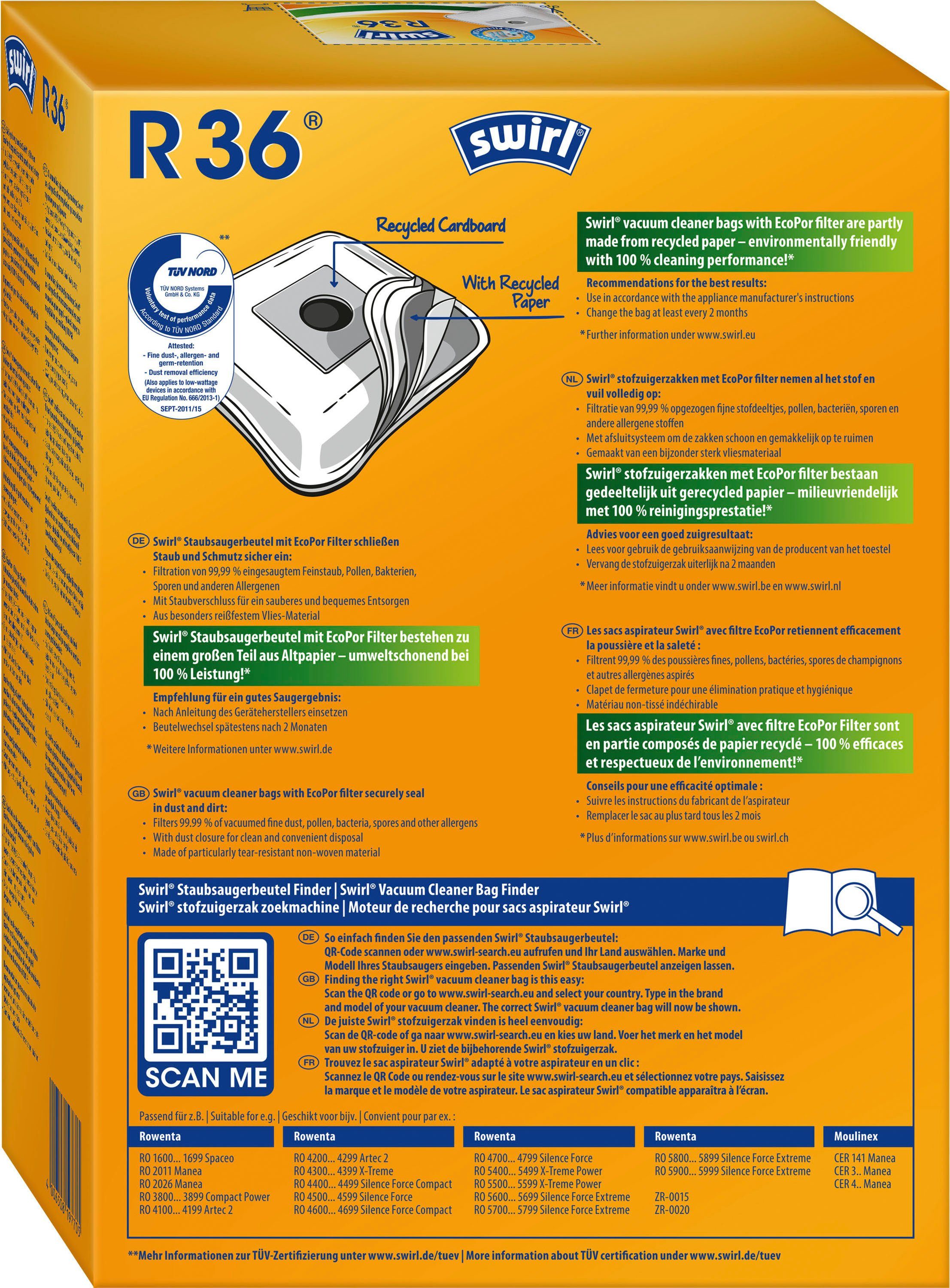Swirl Staubsaugerbeutel R 36, passend für Rowenta, Moulinex, 4er- Pack