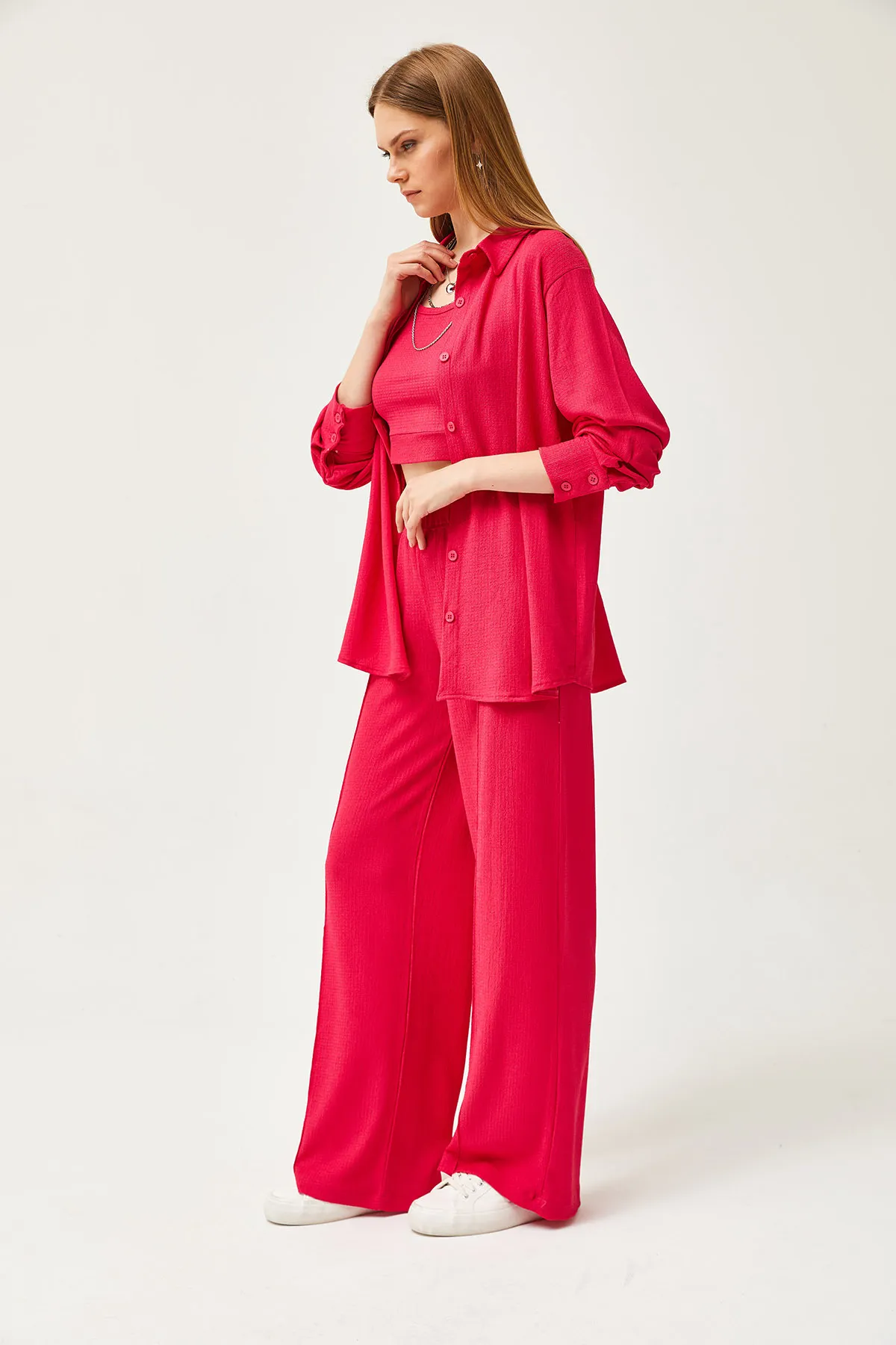 Olalook  Damen-Hemdblusen-Hosen-Set in Fuchsia, 3-teilig, TKM-19000270
