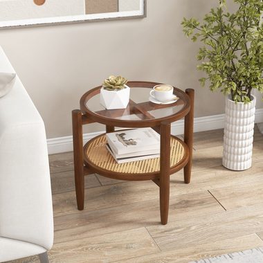COSTWAY Beistelltisch, gehärtete Glasplatte, mit Rattan Ablage, rund 56x56cm