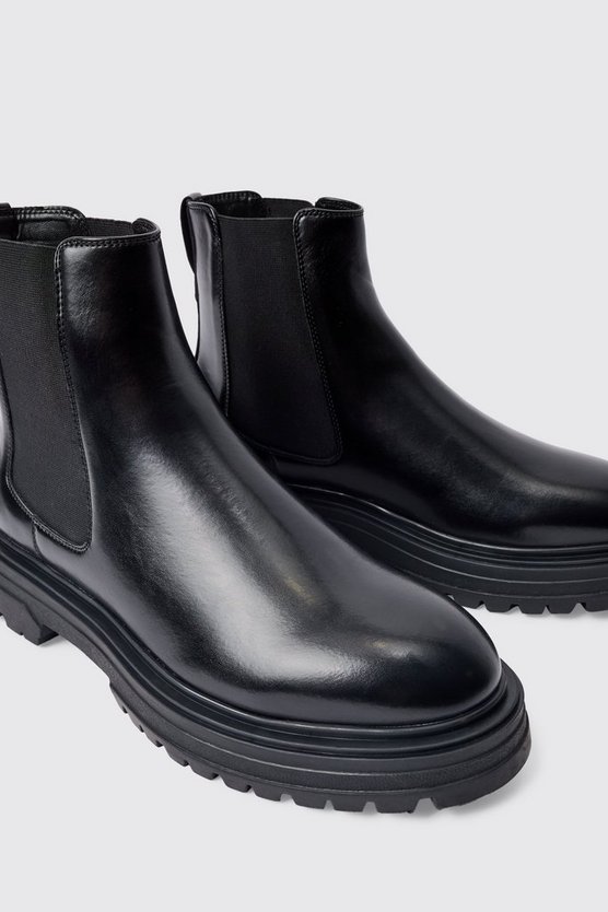 Schwarz PU Chelsea-Stiefel mit klobiger Sohle