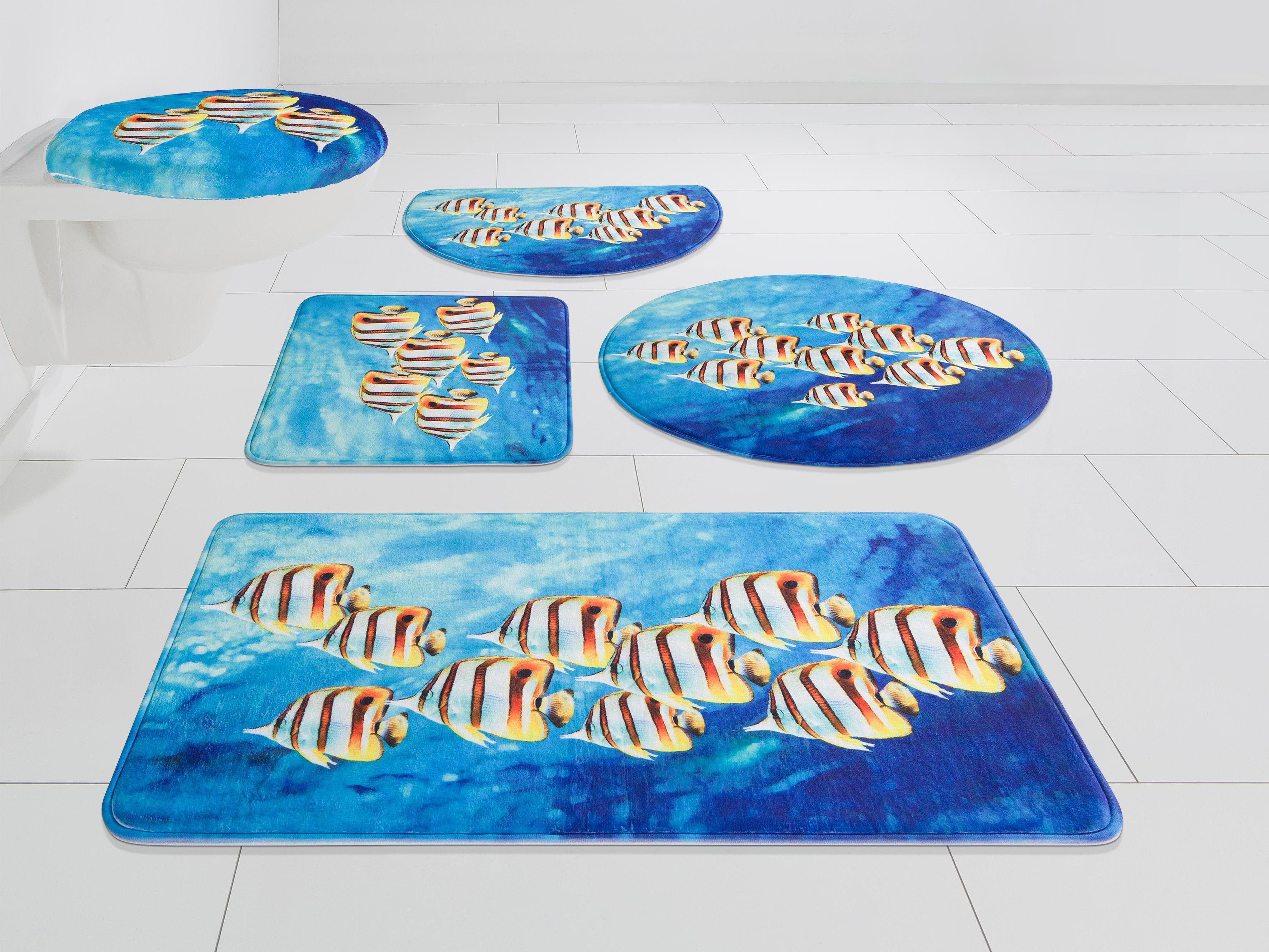 Badematte Fabius my home, Höhe 14 mm, Memory Schaum, rutschhemmend beschichtet, fußbodenheizungsgeeignet, schnell trocknend, strapazierfähig, Polyester, rechteckig, Fotodruck mit Fischen, Badematten als 3 teiliges Set erhältlich