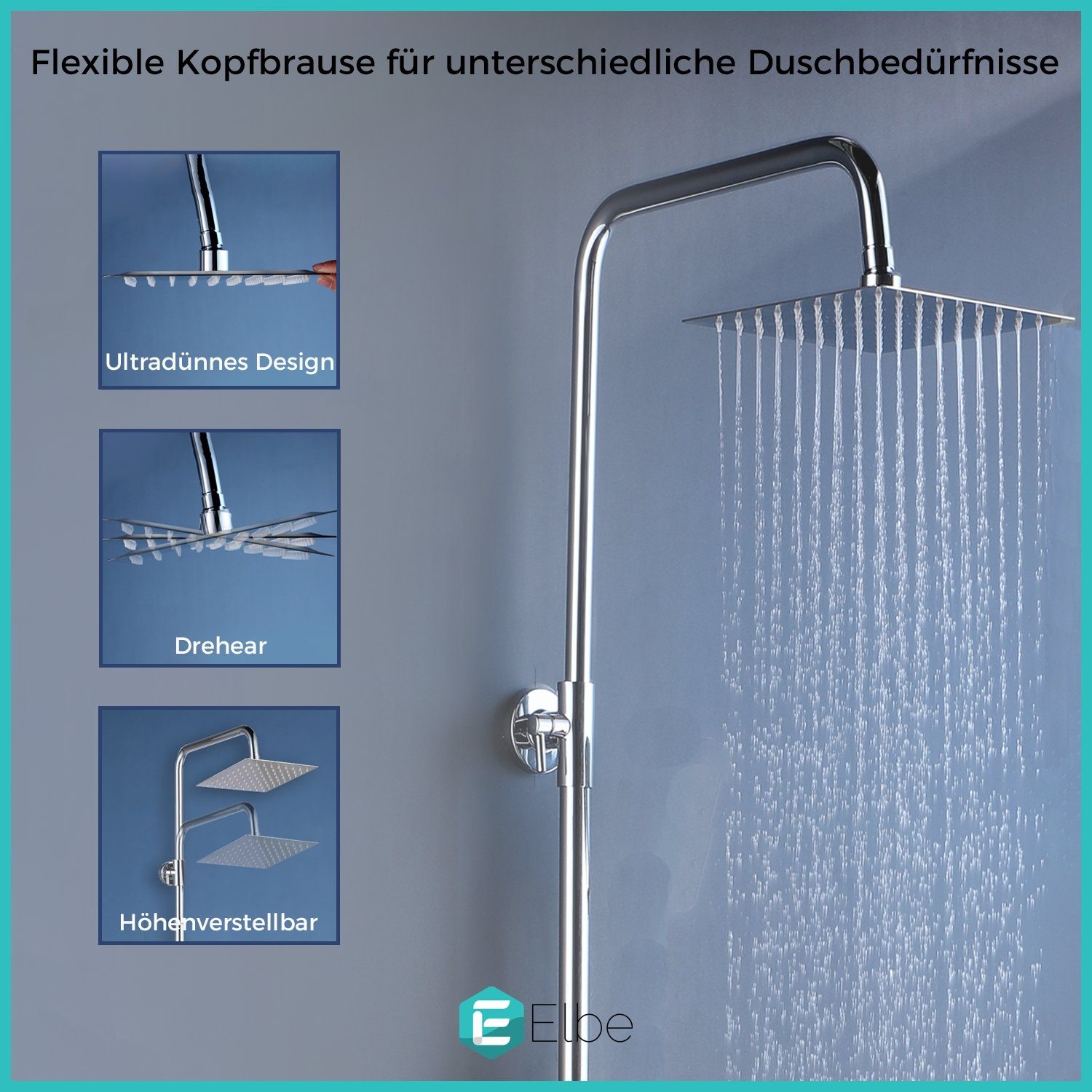 Elbe Duschsystem Edelstahl 304, 2 Strahlart(en), komplett-set, chrom, 1/2 Zoll, Edelstahl 304, Leicht zu Reinigen