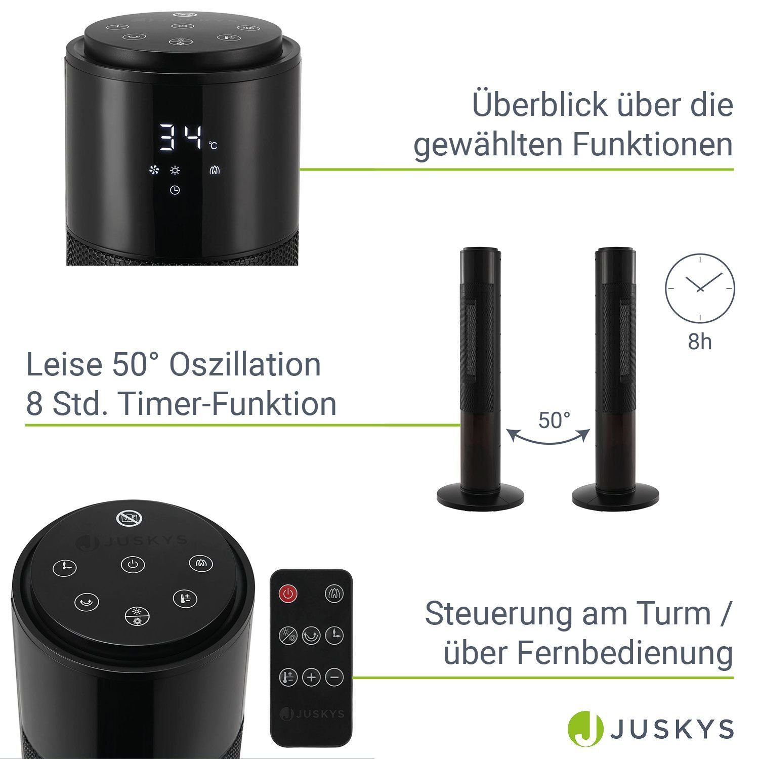 Juskys Heizlüfter Turm-Keramik-Heizer 1000/2000W in Schwarz, 2000 W, 2 Leistungsstufen, 50° Oszillation, LCD, Fernbedienung, Kamineffekt