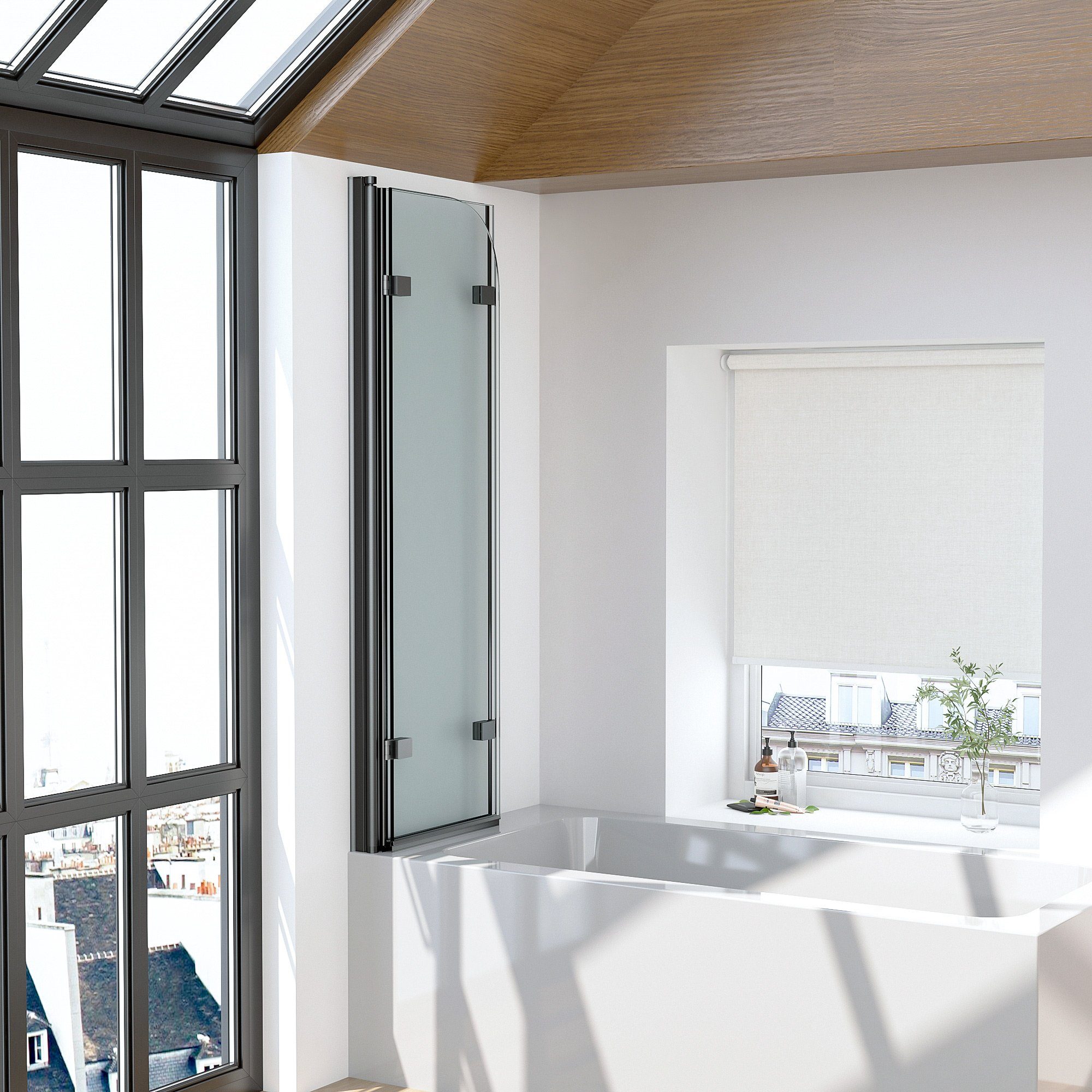 Boromal Badewannenaufsatz Duschwand Badewanne Schwarz 130cm 3-teilig Faltbar Badewannenfaltwand, (Klarglas /Teilsatiniert glas), Badewannenfaltwand Glaswand 6mm ESG Glas