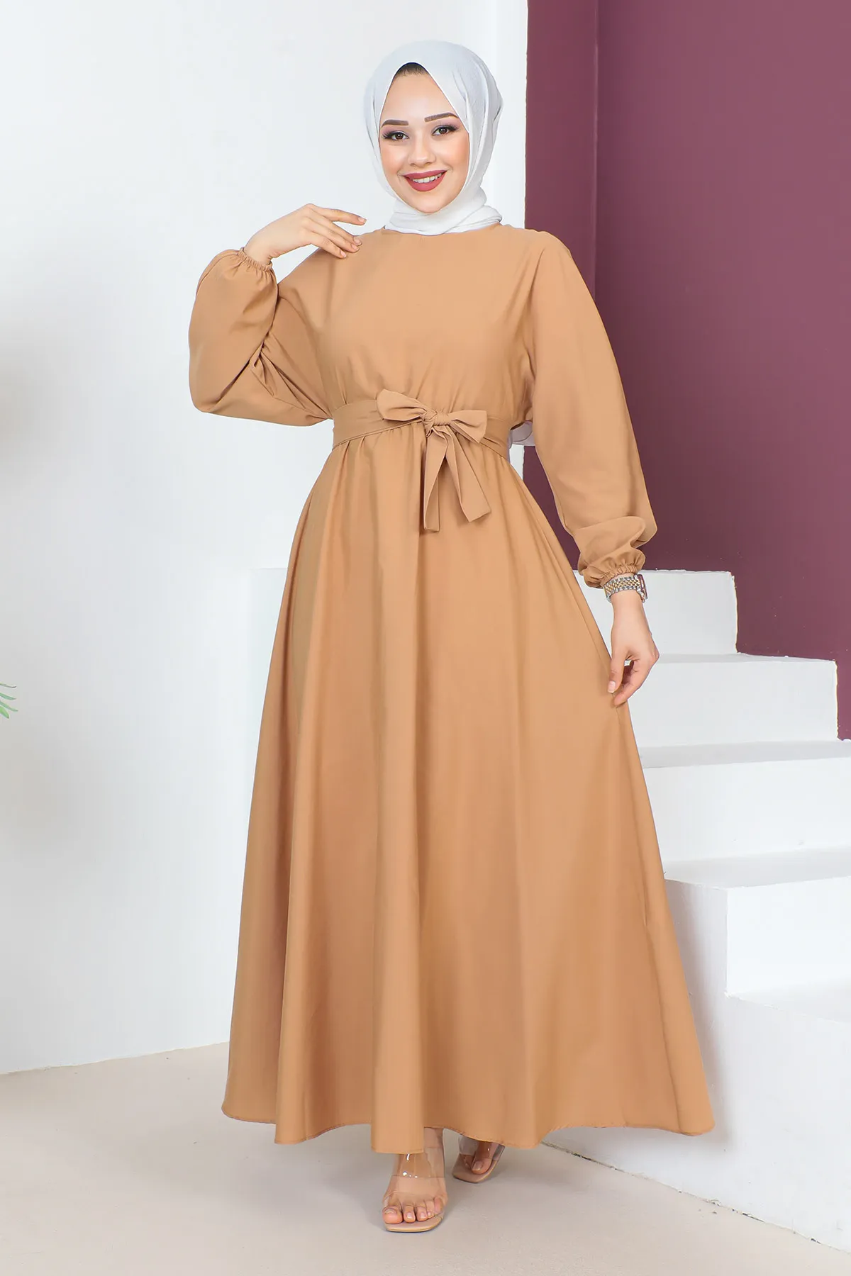 Tesettür Dünyası  Kleid mit Taillengürtel TSD230611 Kamel