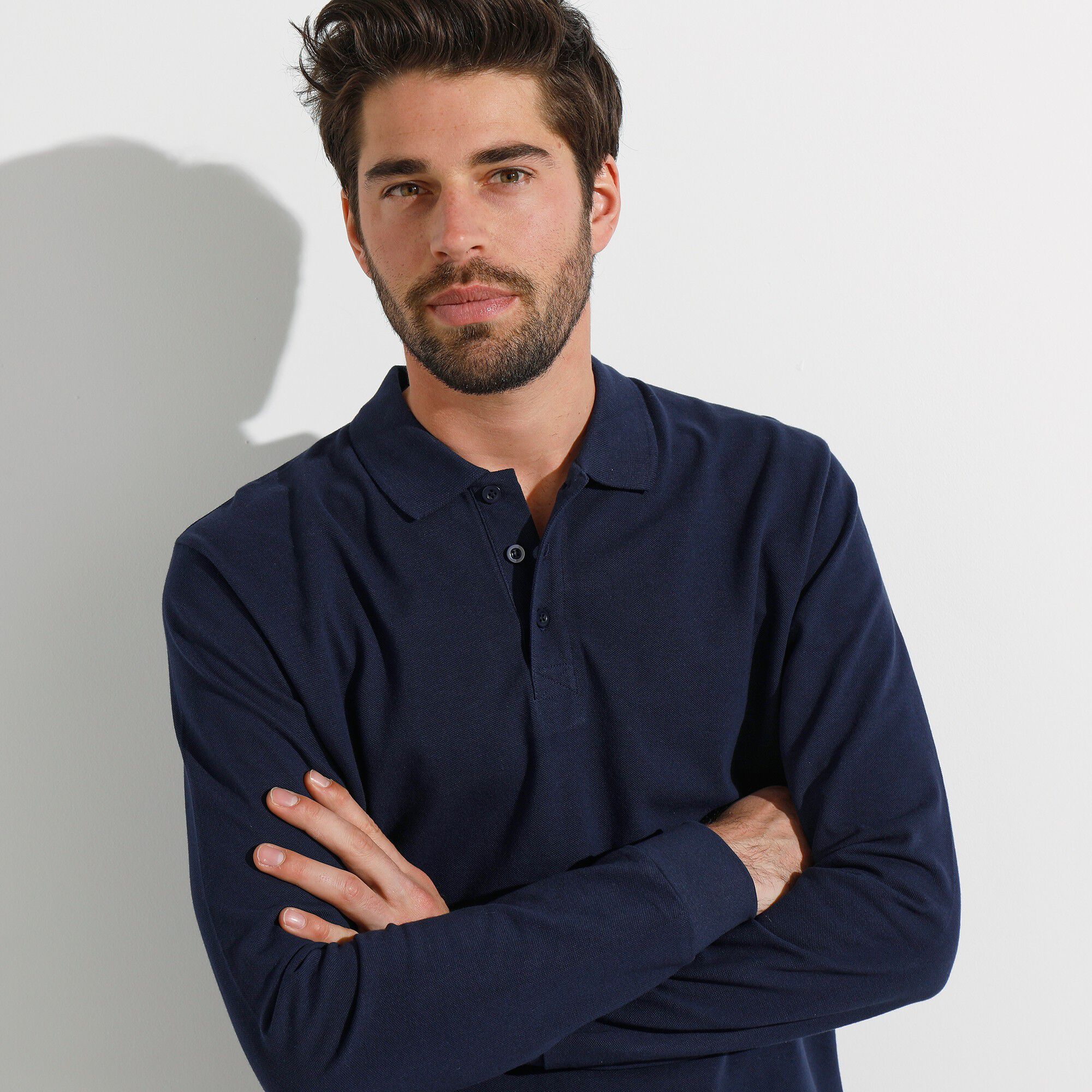 Polo uni maille piquée manches longues