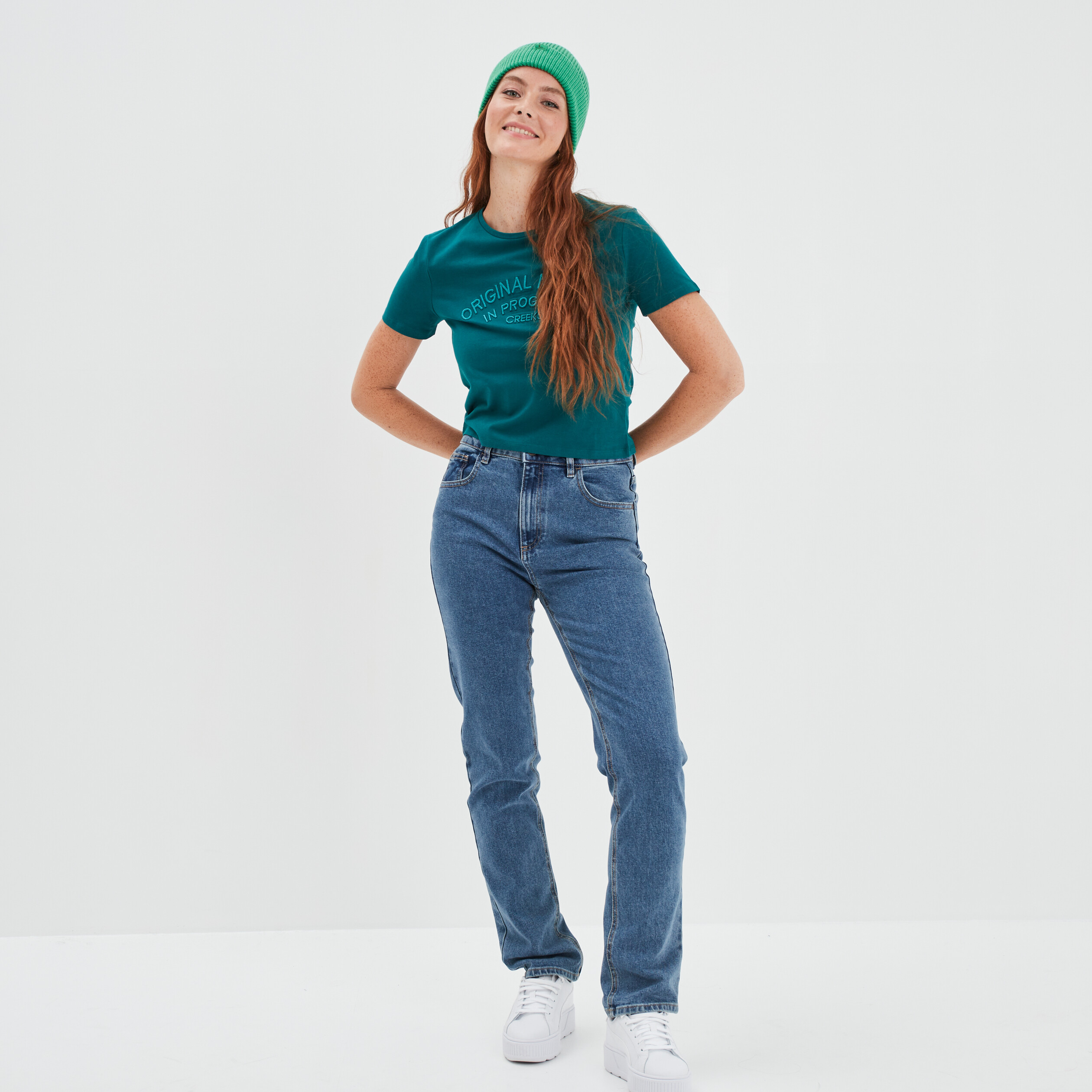 T-shirt cropped ajusté broderie Creeks vert émeraude femme | La Halle