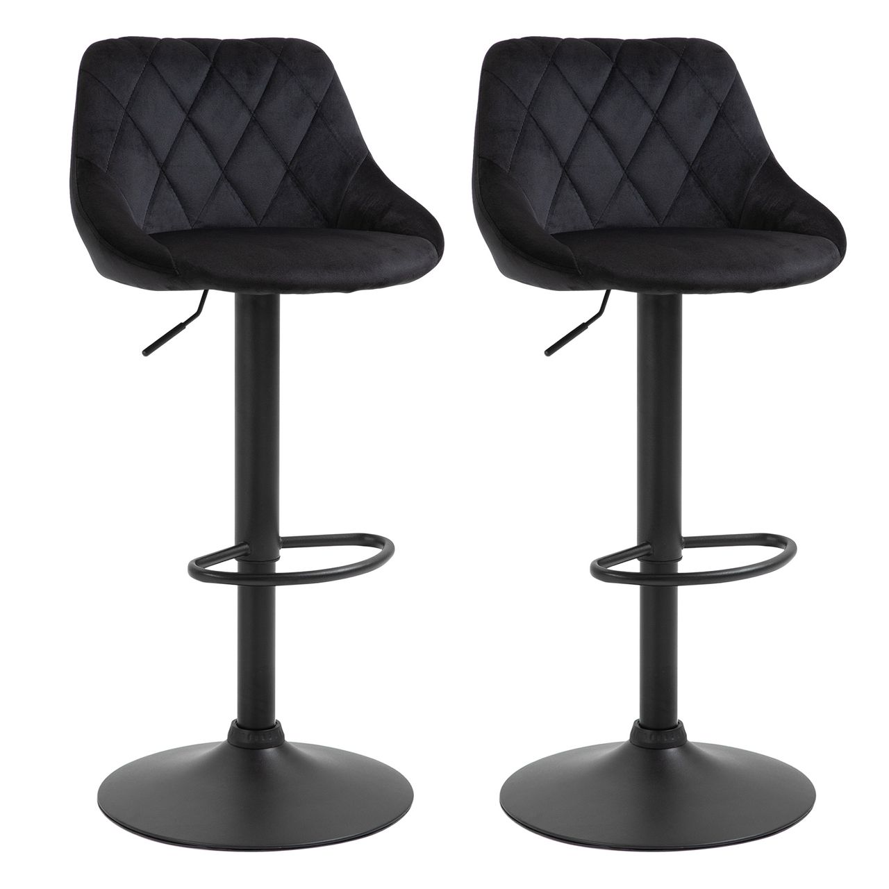 HOMCOM 2er-Set Barhocker, Drehstuhl, höhenverstellbarer Bistrohocker, Barstuhl mit Fußstütze, Rückenlehne, Tresenhocker, Samt, Metall, Schwarz, 46 x 48 x 83-104 cm