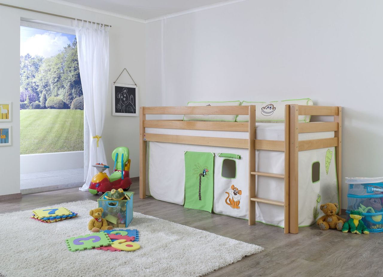 Relita Halbhohes Spielbett ALEX Buche massiv natur lackiert mit Stoffset Vorhang Dschungel