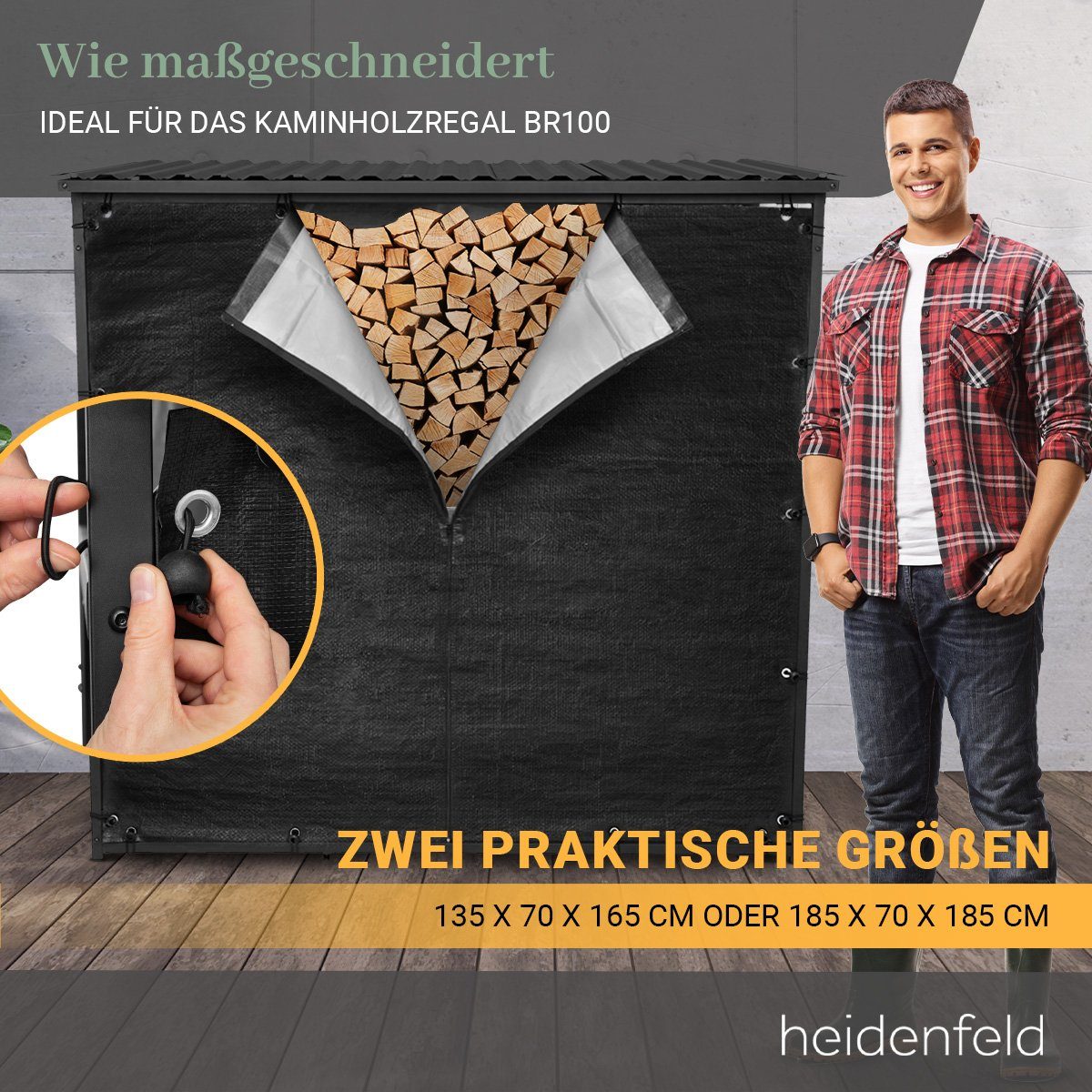 Heidenfeld Kaminholzregal Regenabdeckung für Kaminholzregal BR100, BxTxH:135x70x165 cm, (135 x 70 x 165 cm, Schutzhülle mit Reißverschluss, Wasser- & Winddicht), Abdeckung Abdeckplane Schutzhölle Schutzhaube - Allwetterschutz