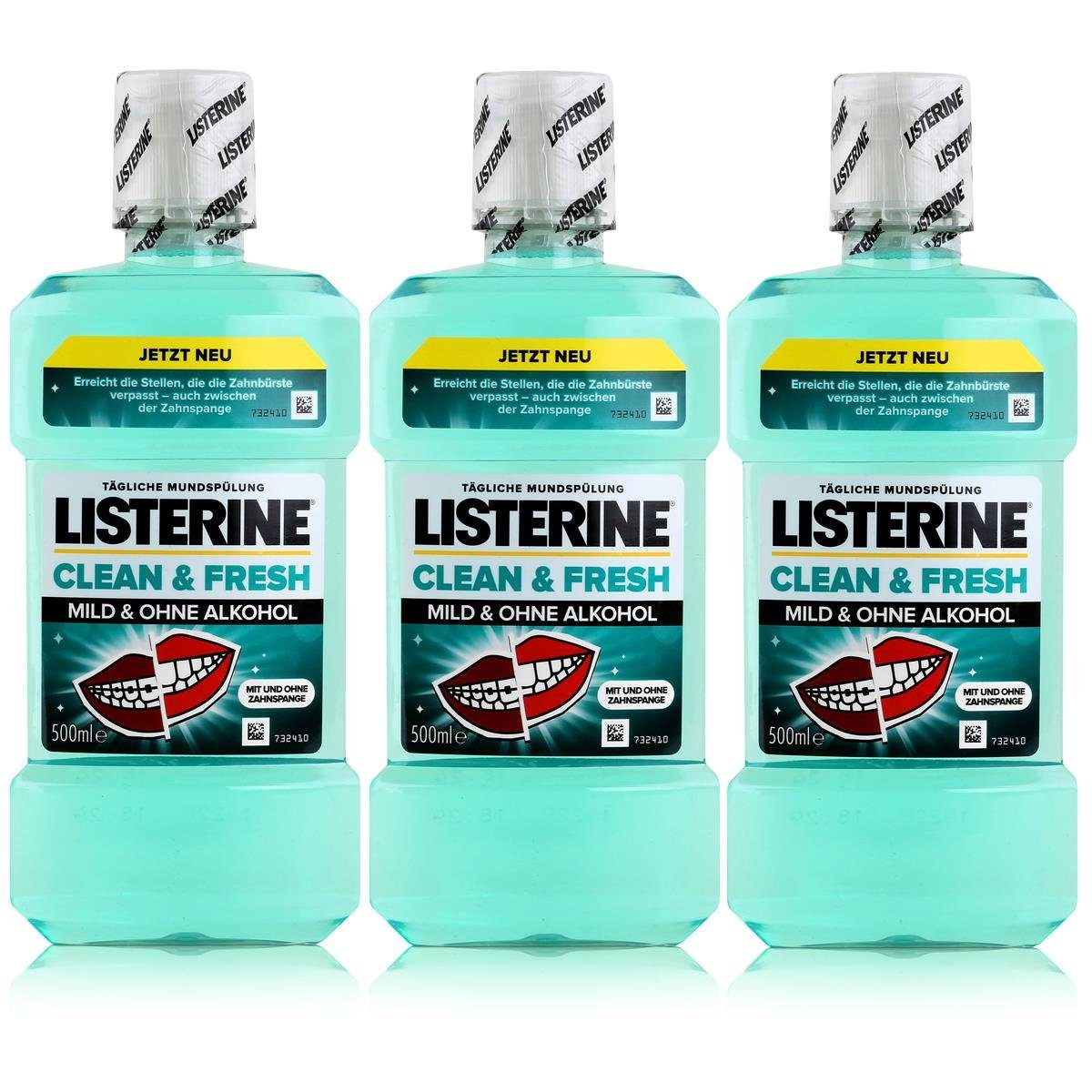 Listerine Mundspülung, Listerine Clean & Fresh Mild & ohne Alkohol 500ml Mundspülung (3er Pac