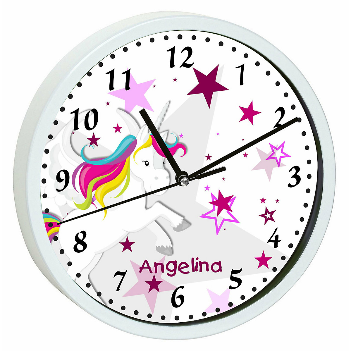 Kinder Wanduhr personalisiert mit Name Pegasus Sterne Rosa