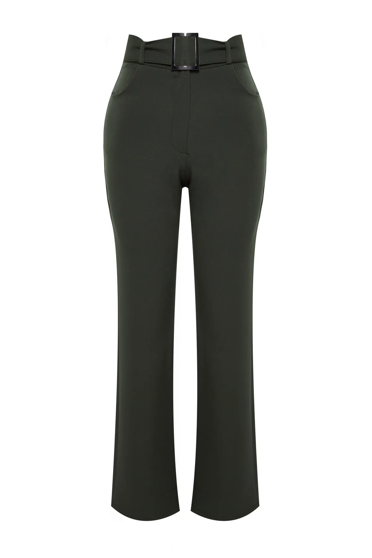Trendyol Collection  Dunkelkhakifarbene, gerade geschnittene Webhose mit Gürtel TWOSS21PL0104