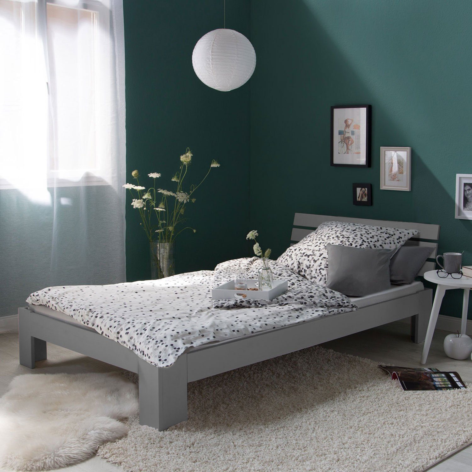 Homestyle4u Holzbett Einzelbett Futonbett 90x200 Grau Kiefer