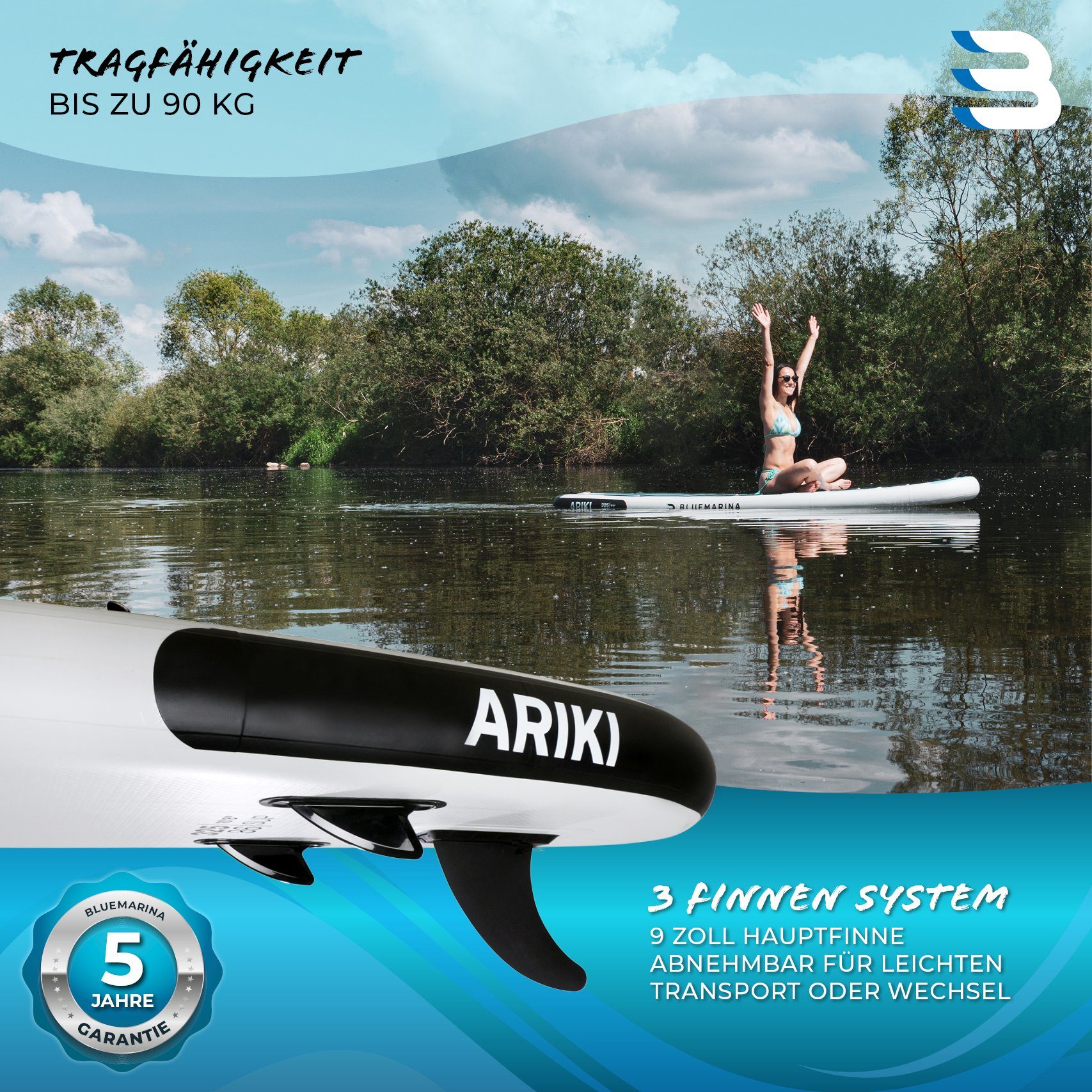 Bluemarina SUP-Board Aufblasbares Bluemarina SUP Board Ariki inkl. 5 J. Garantie, Stand Up Paddle Board, (10 - 15 cm dick, PVC, max 140 kg), Paddling board, Paddelboard, Surfboard, (Kinder/Erwachsene bis 90 kg - 3-Finnen - Action-Cam-Halterung, UV Re