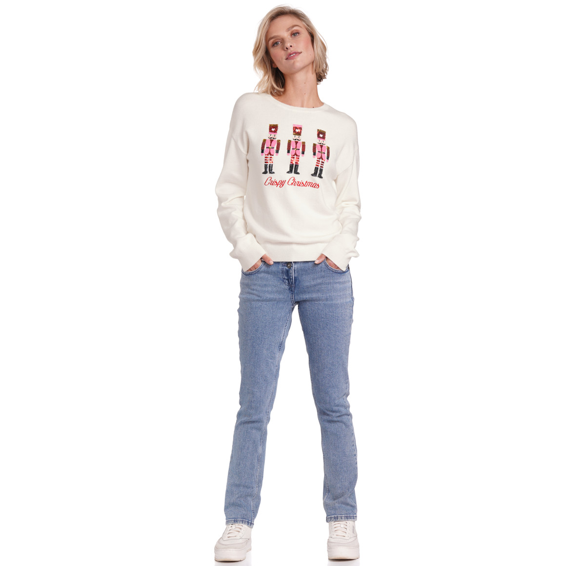 Damen Weihnachtspullover mit Pailletten-Motiv weiss
