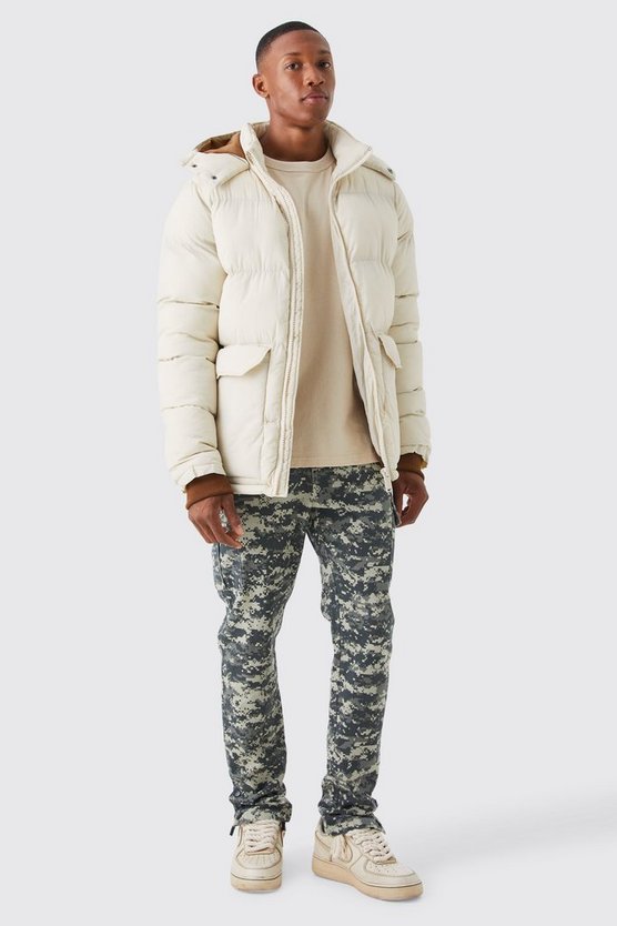 Mittellange Steppjacke mit Kontrast-Kapuze