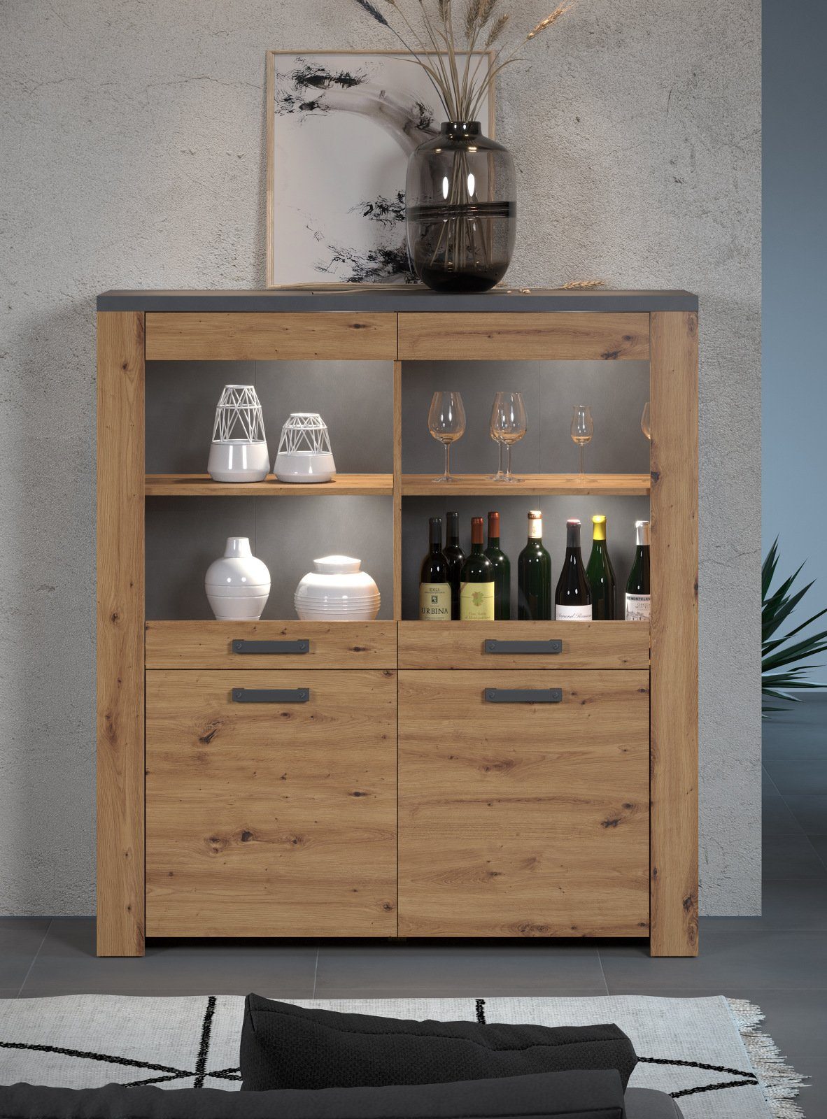 trendteam Highboard Follow (Schrank in Eiche Artisan mit grau, 127 x 139 cm), mit 8 Fächern