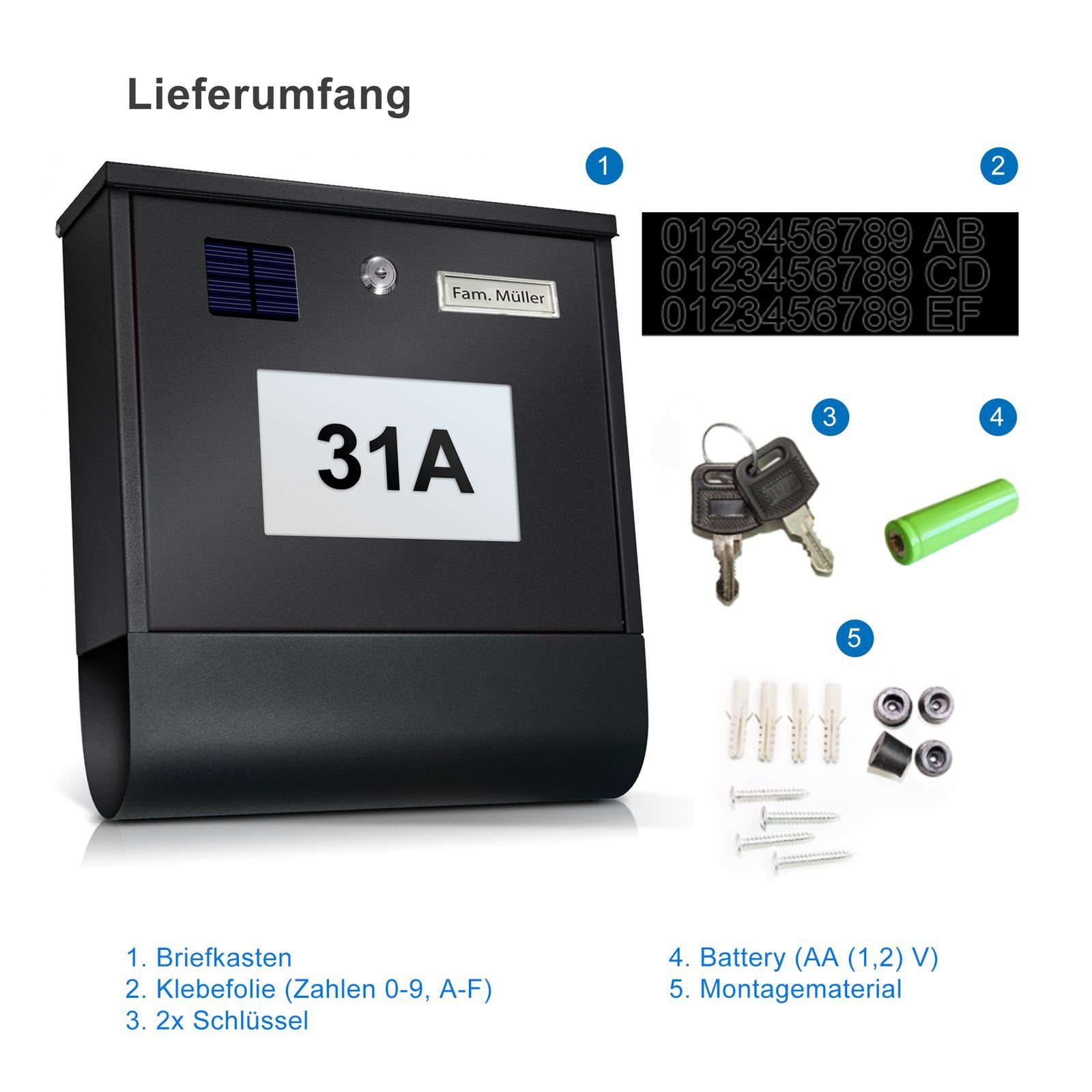 TÄGA Wandbriefkasten TÄGA Briefkasten mit Solar Hausnummer LED Beleuchtung, Zeitungsfach, Edelstahl, abschließbar, beleuchtet, einfache Montage