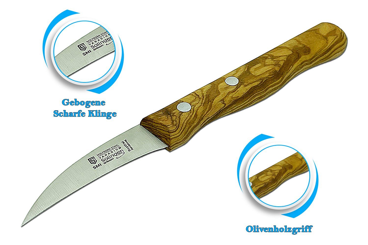 SMI Obstmesser Schälmesser gebogen Solingen Gemüsemesser Olivenholz Küchenmesser