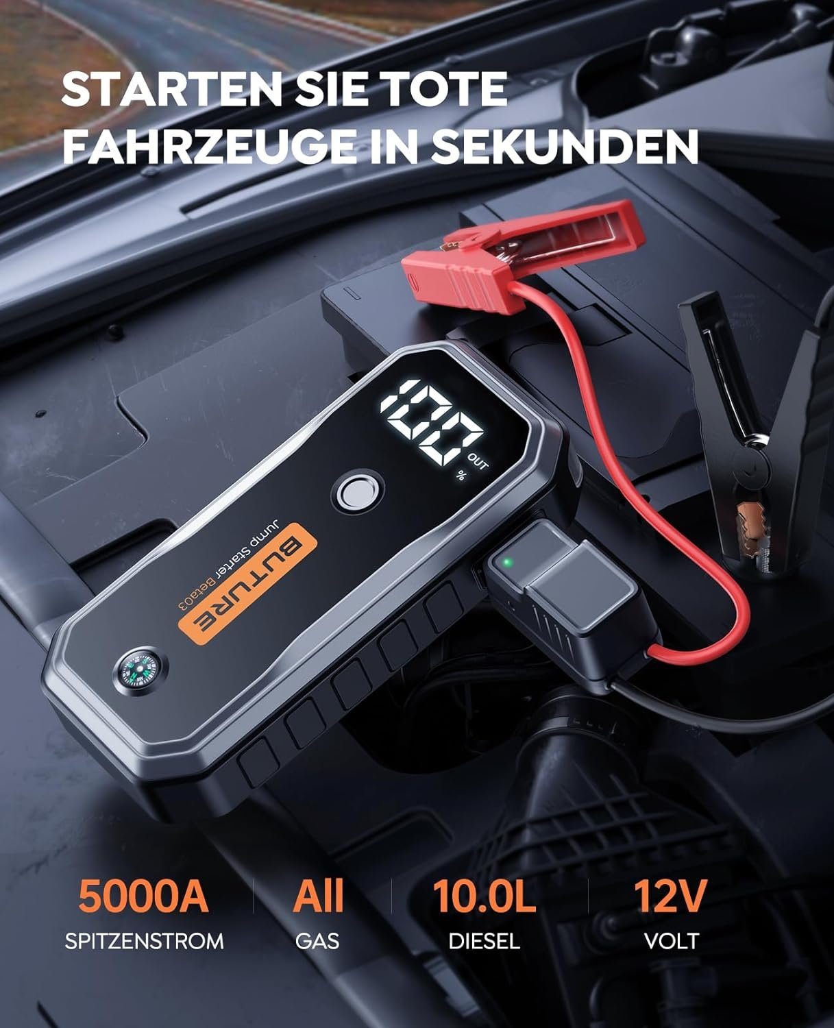 Yaber Starthilfegerät, 26800mAh 5000A Starthilfe Powerbank mit LED, DC Ausgang