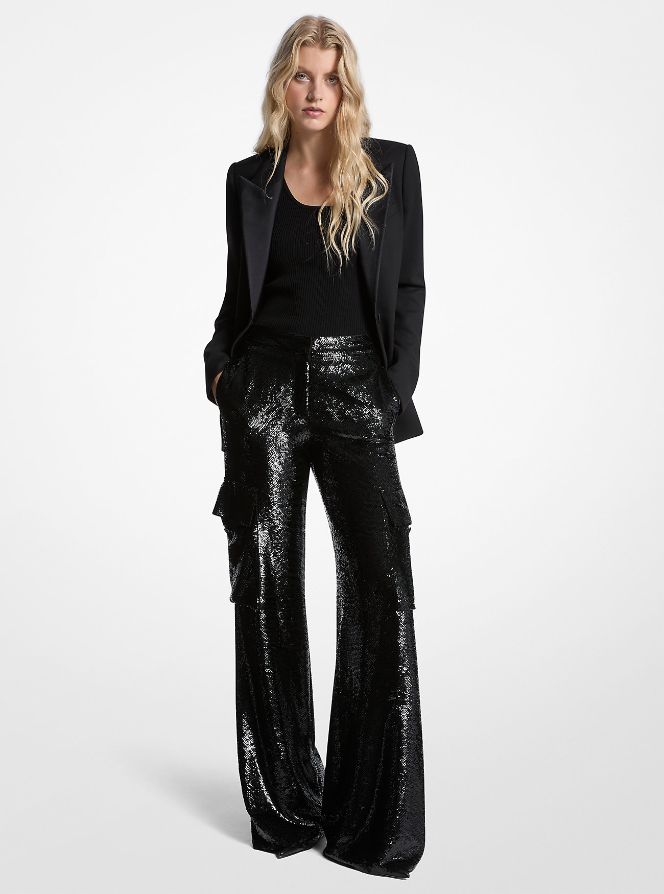 Sequined Georgette Cargo Pants - BLACK