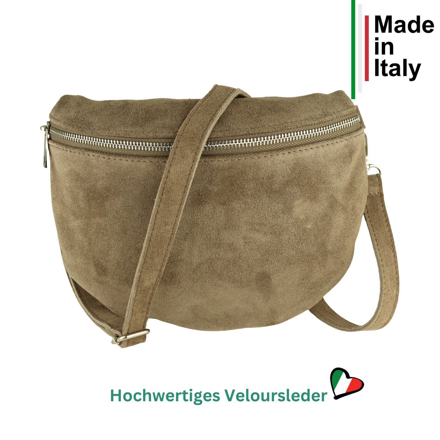 MIRROSI Bauchtasche Damen,Wildleder, Made in Italy,Umhängetasche; Brusttasche (Schultertasche für jeden Anlass (1 Tasche & 2 Gurte), 26x20x8 cm, Reißverschlussfach auf der Rückseite), Crossbody Bag, gemusterten& verstellbaren Schulterriemen