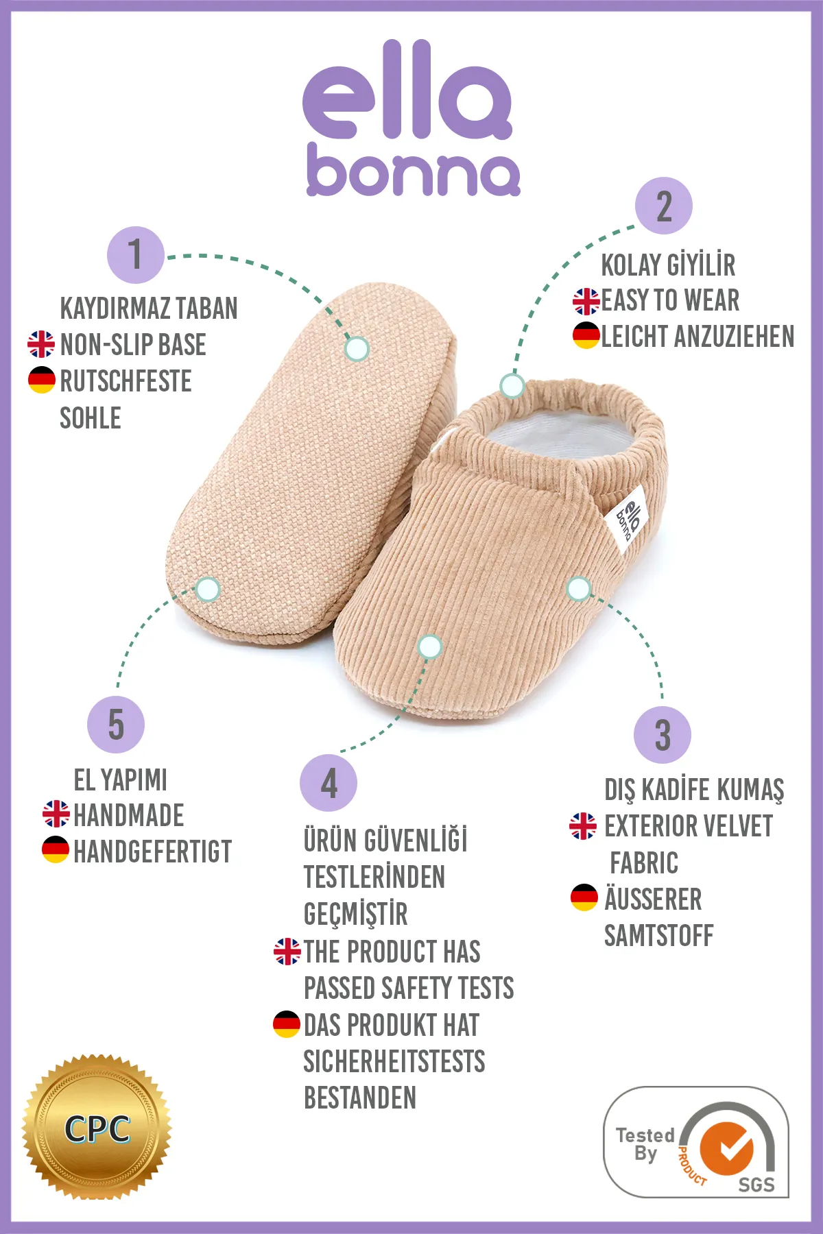 Ella Bonna  Rutschfeste Sohle, Futter aus Bio-Baumwolle, Babyschuhe aus Cord in Beige