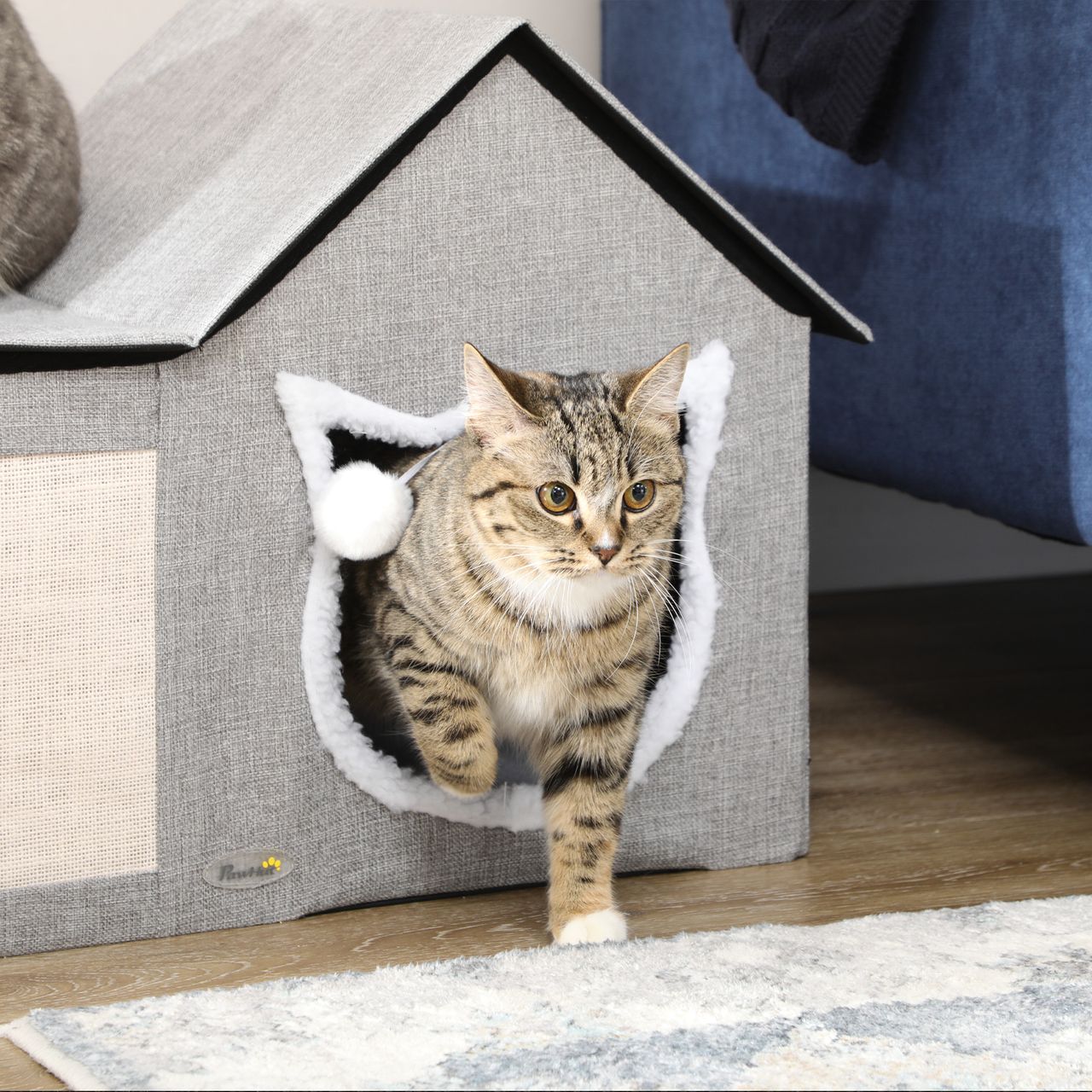 PawHut Katzenhöhle, Katzenhaus mit Kratzfläche, Doppeltüren, Spielball Polyester