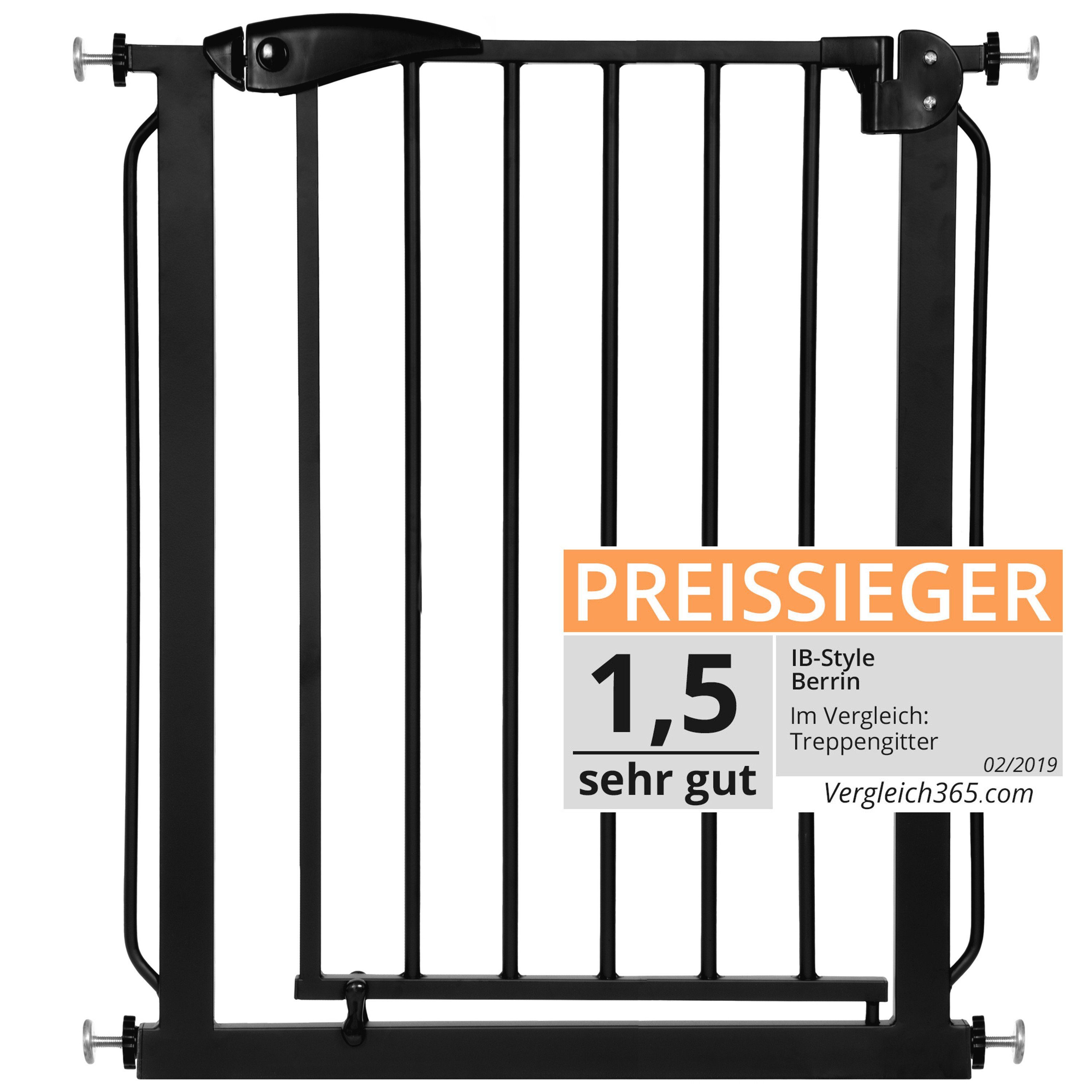 ib style Türschutzgitter Treppengitter Berrin Schwarz 67-75 cm, Türschutzgitter - Ohne Bohren - Auto-Close - 90° Stop - Sicherheitsgitter für Türen und Treppen