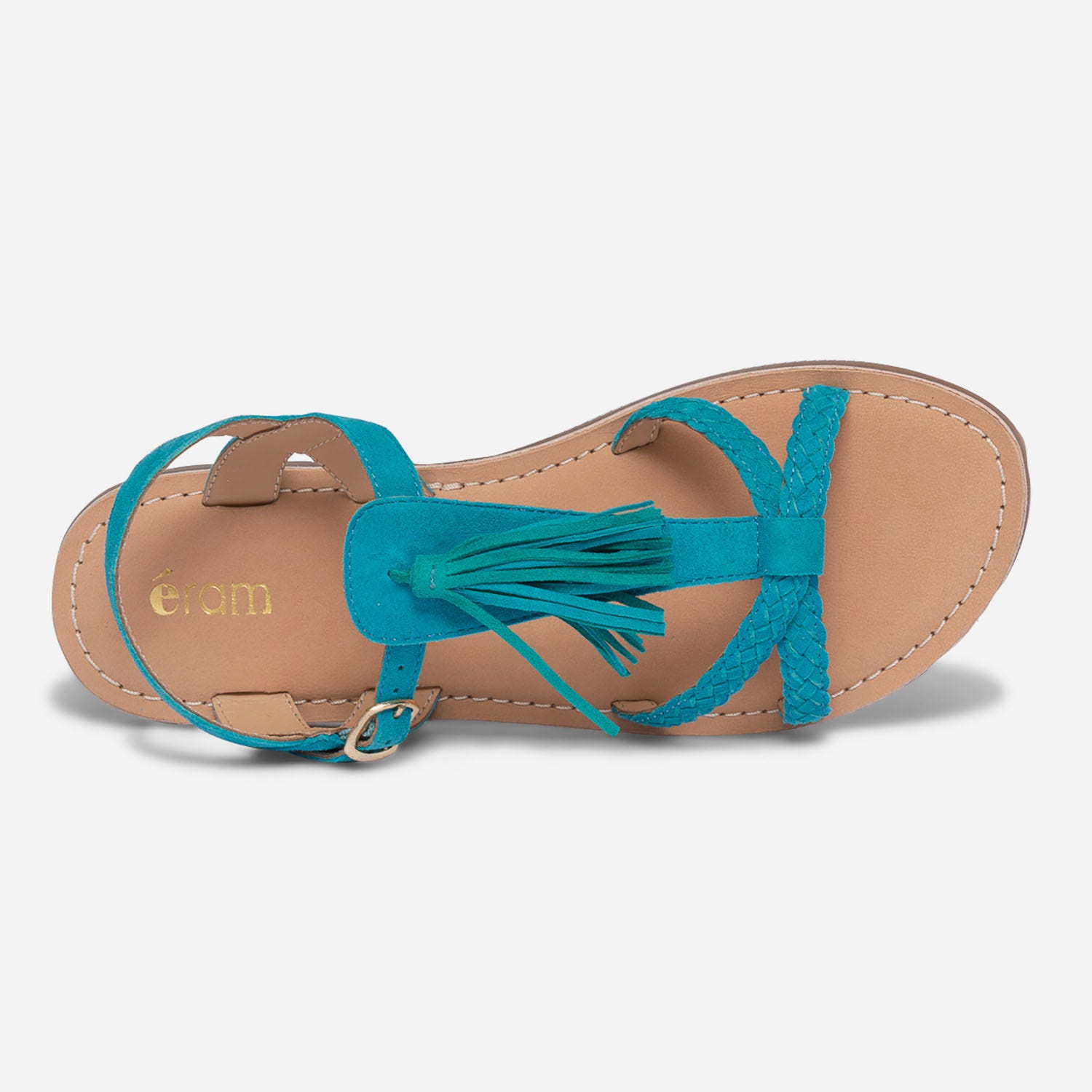 Sandale turquoise en cuir velours avec pampille