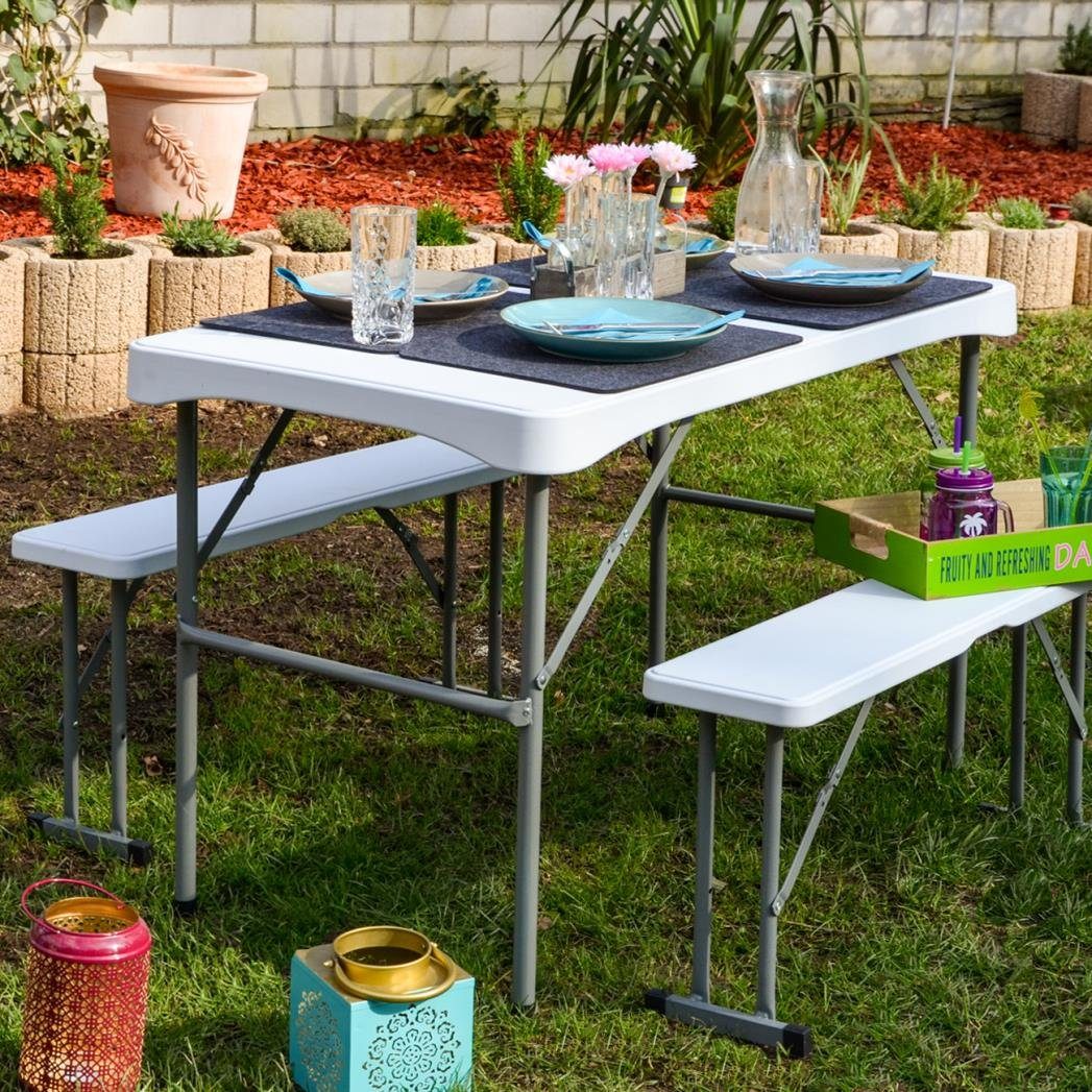 AMANKA Bierzeltgarnitur Bierzeltgarnitur für 4 Personen Tisch Set+2 Bänke, 112 x 61 cm Kunststoff Weiß