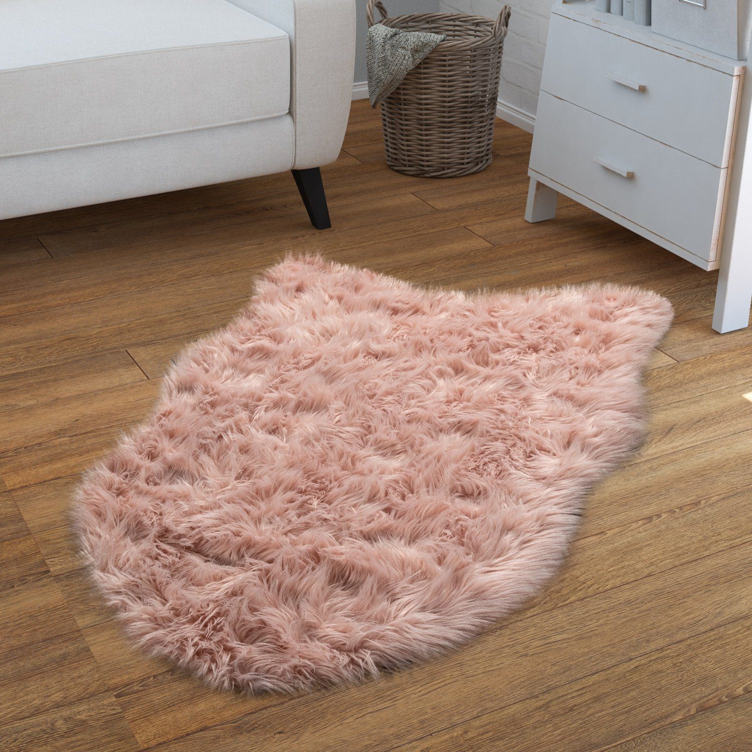 Fellteppich Wohnzimmer Hochflor Teppich Kunst-Fell Design, TT Home, rund, Höhe: 64 mm