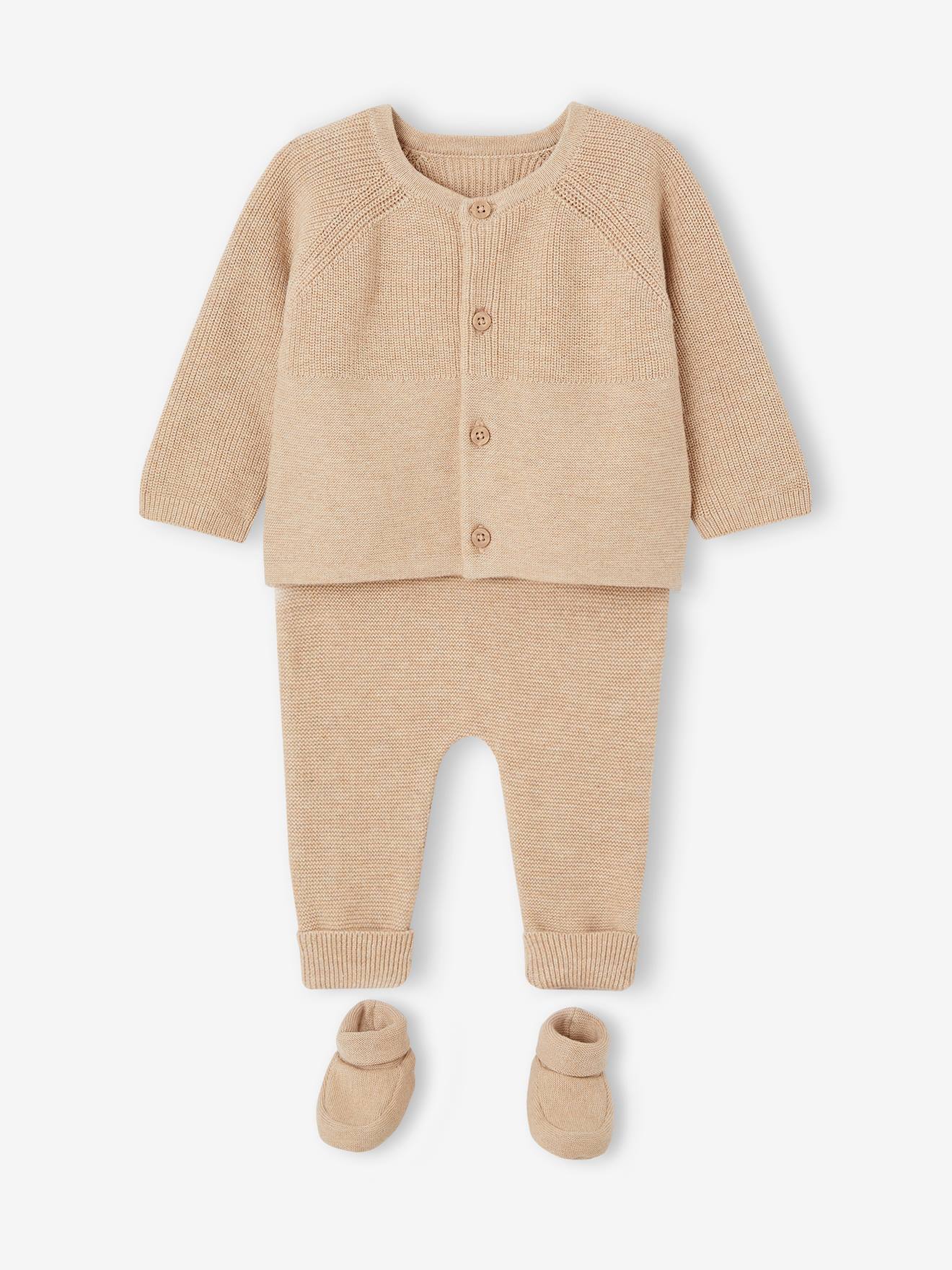 Vertbaudet Baby Strick-Set: Strickjacke, Hose & Schühchen Oeko-Tex - beige meliert