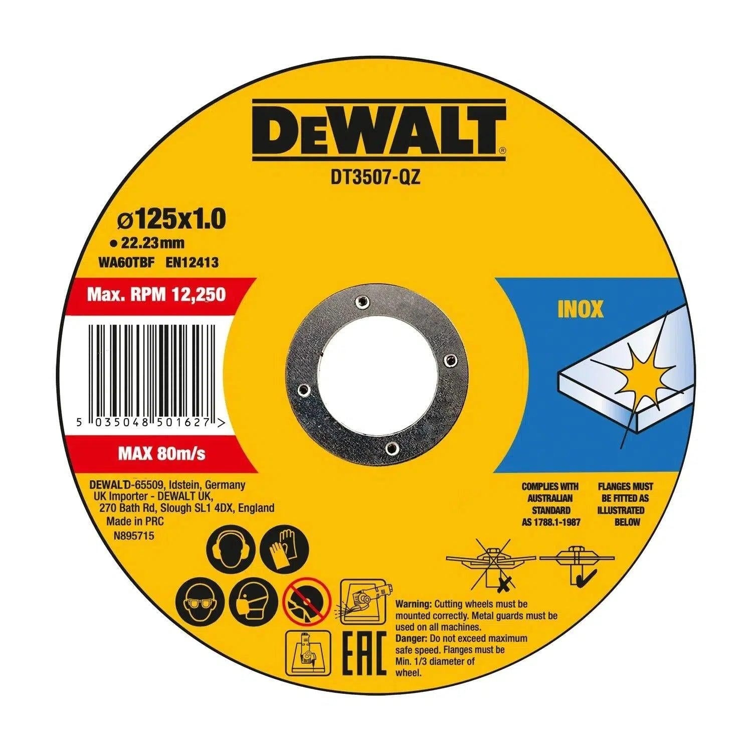 DeWalt Accessories DT3507-QZ DT3507 Rezalna plošča za nerjaveče jeklo 125 x 22,23 x 1,0 mm 10 kosov v pločevinki
