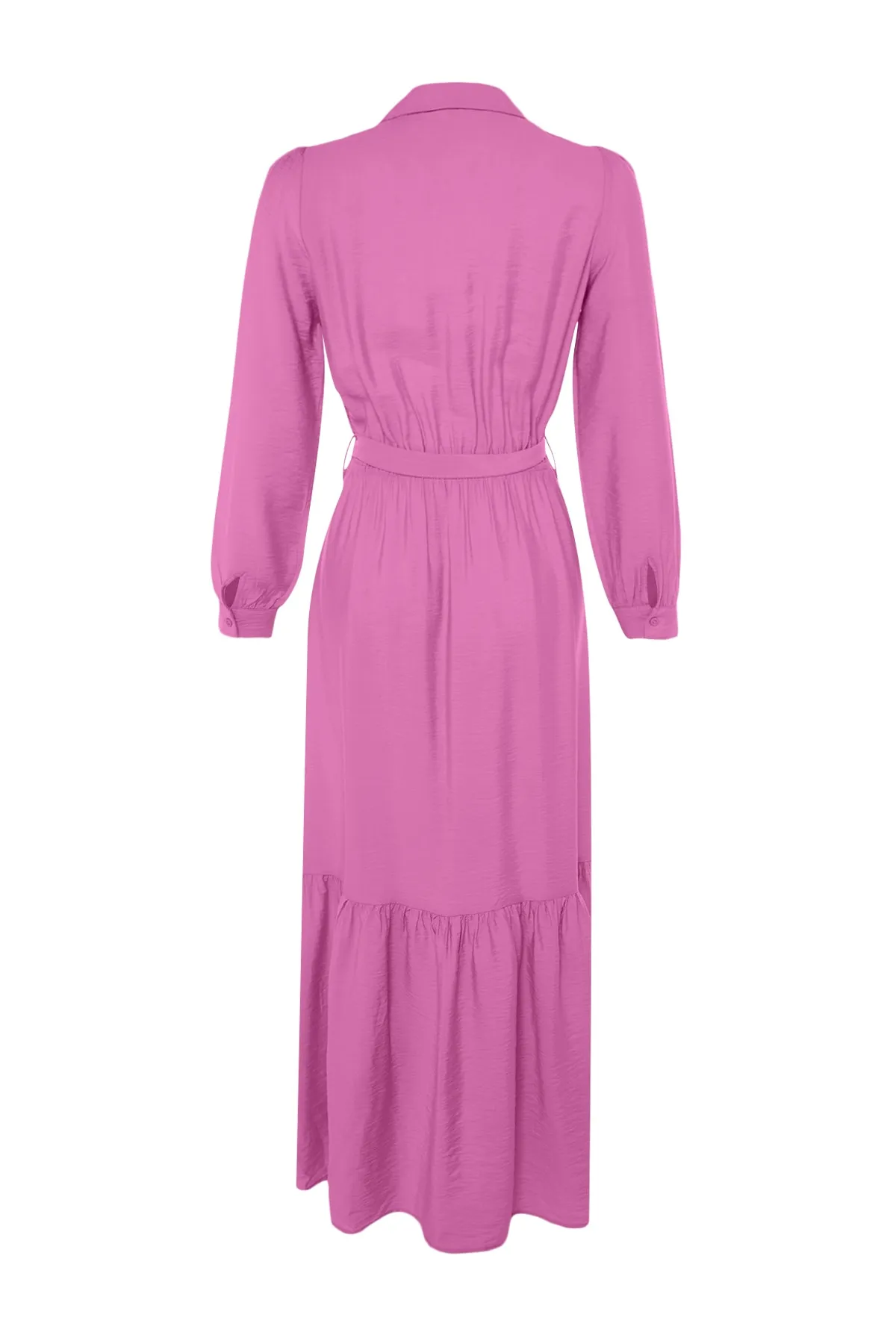 Trendyol Modest  Rosa Hemdblusenkleid aus Webstoff mit Gürtel an den Schultern, detailliertem Rock und Volant TCTSS21EL3887