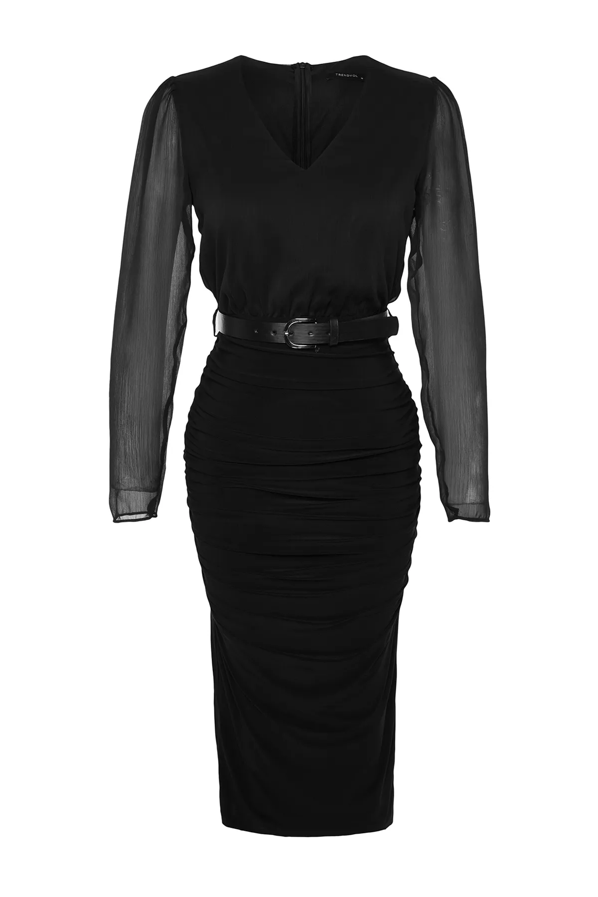 Trendyol Collection  Schwarzes, figurbetontes Webkleid mit Gürtel TWOAW24EL00591