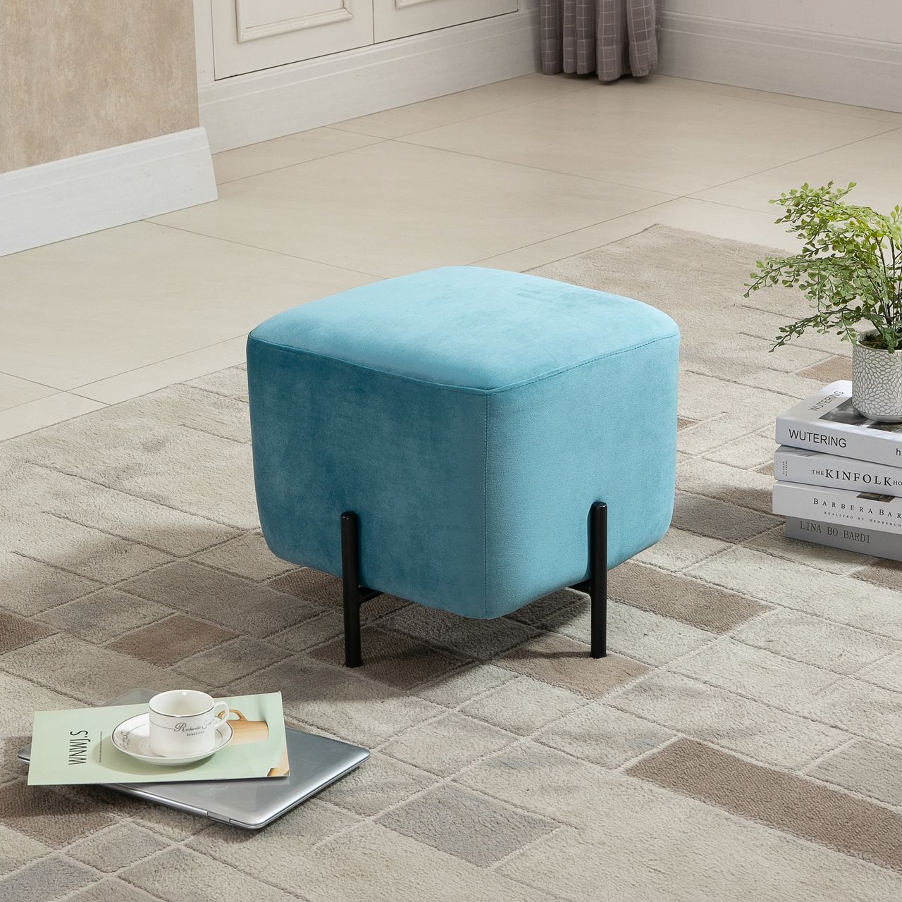 HOMCOM Fußhocker Fußstütze gepolstert Polyester Stahl Schaumstoff Türkis 44,5 x 44,5 x 41,5 cm