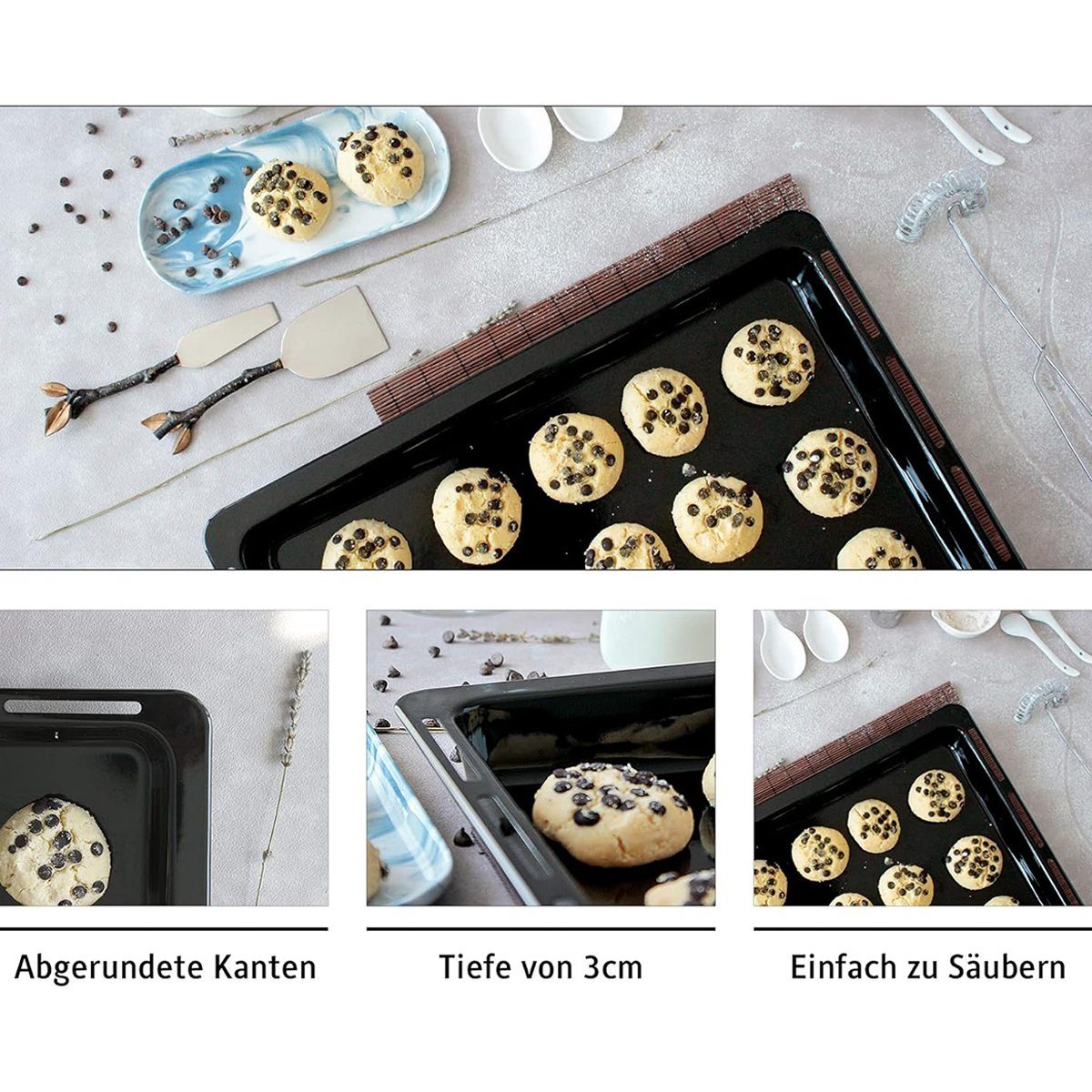 ICQN Backblech 465 x 370 x 30 doppelt Set mit Gitter, Emaille, (Set, 3-St., Fettpfanne und Verchromt Backofenrost), Passend für Bosch Neff Constructa
