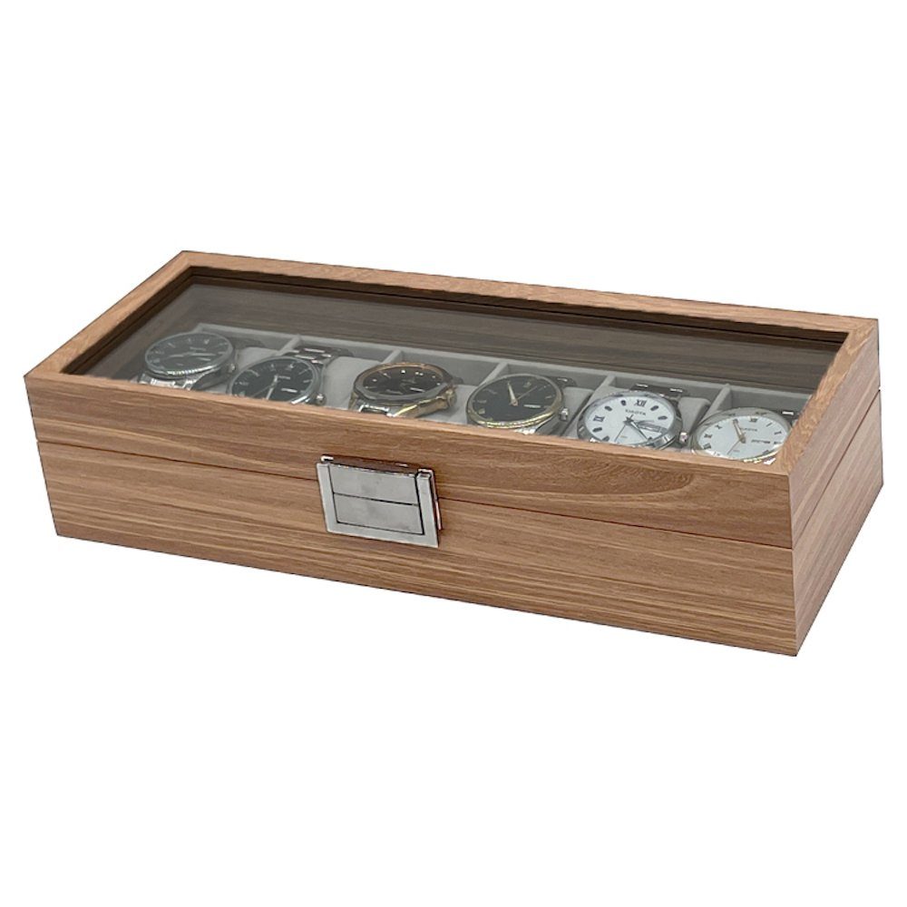 mixed24 Schmuckkasten Holz Uhrenkoffer für 6 Uhren Uhrenaufbewahrung Uhrenkasten Uhrenbox, Deckel aus Echtglas