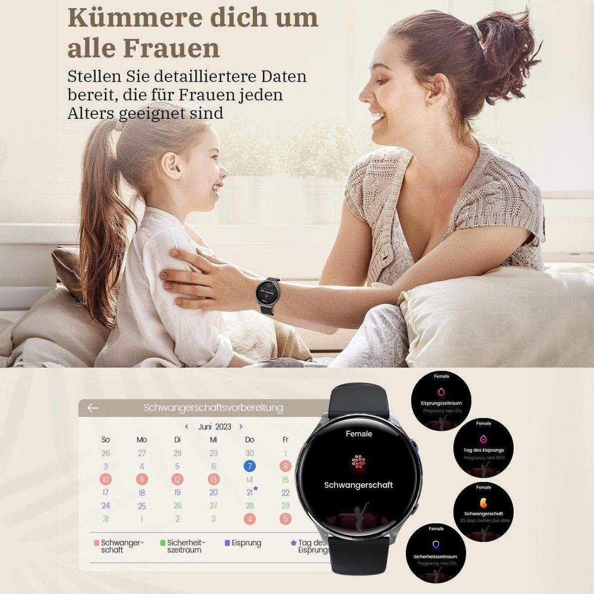 Powerwill Damen Smartwatch mit Telefonfunktion, 1,39-Zoll-HD-Voll-Touchscreen Smartwatch (1,39 Zoll) Schlafüberwachung, Menstruationszyklus, Armbanduhr, IP68, mit Wechselarmband aus Silikon, Fitness-Tracker mit 120 Sportmodi, SpO2-Herzfrequenzmesser