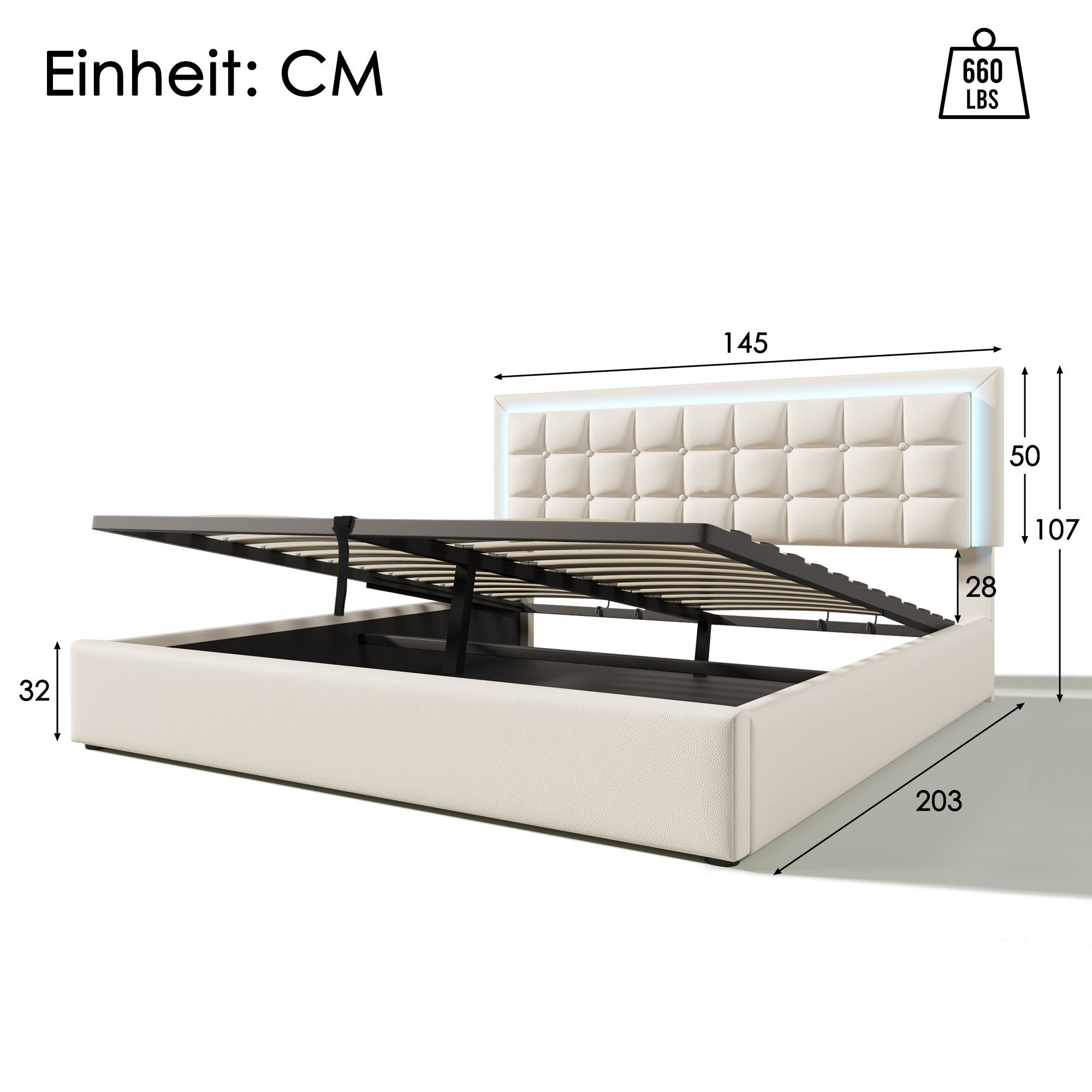 Ulife Polsterbett Weiß Doppelbett LED-Beleuchtung Kunstleder mit Stauraum, 140 X 200 cm
