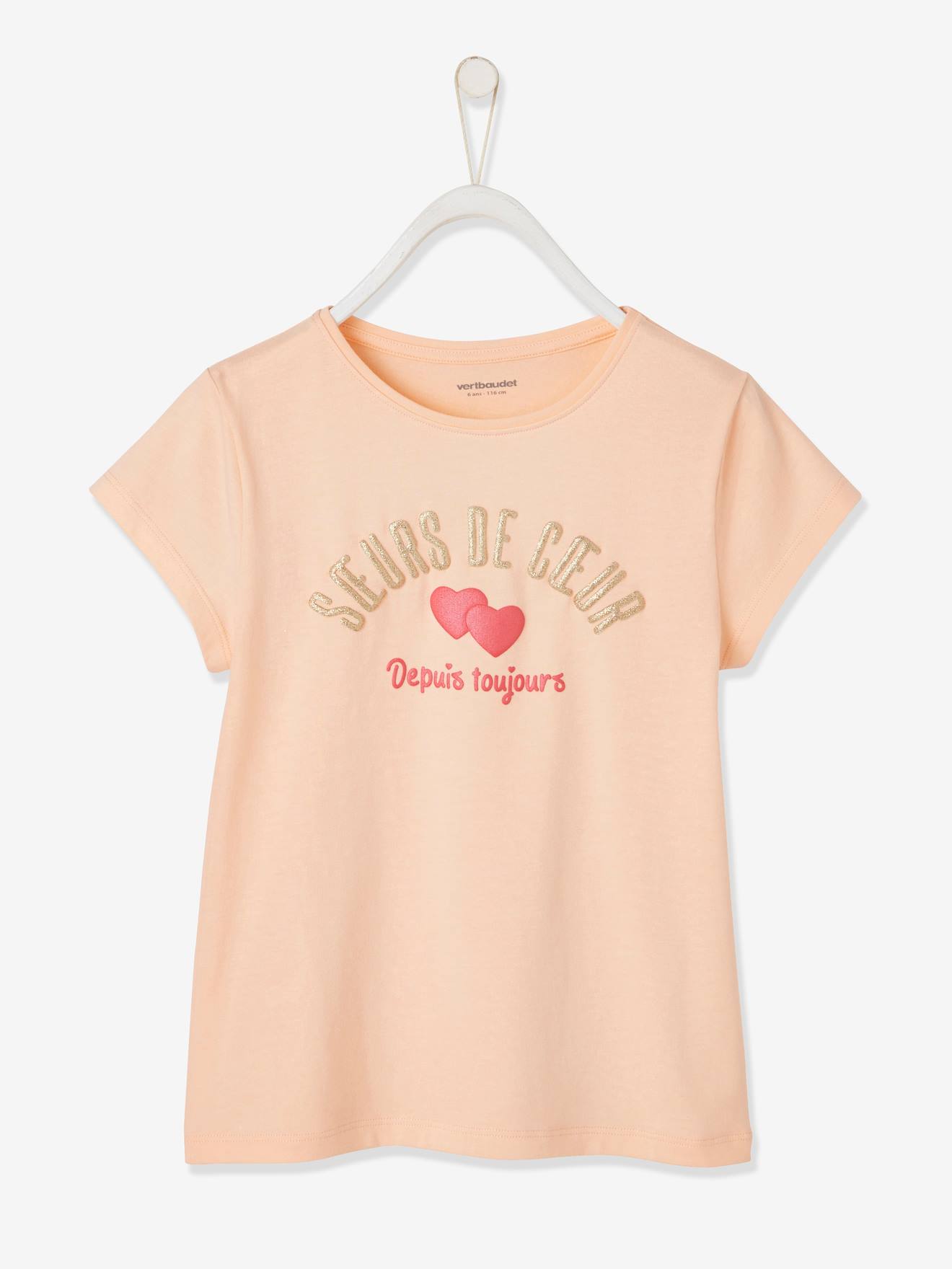 Vertbaudet Mädchen T-Shirt mit Message-Print, Glanzdetails BASIC Oeko-Tex - pfirsich