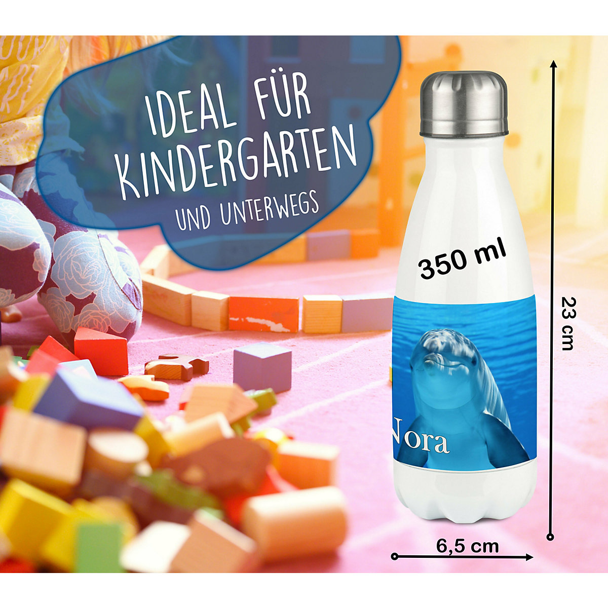 Edelstahl Kinder Thermoflasche / Trinkflasche bunt Delfin Spülmaschinenfest, Auslaufsicher, Bruchfest, Doppelwandig, Für Heißgetränke geeignet, Mit Deckel, Isoliert
