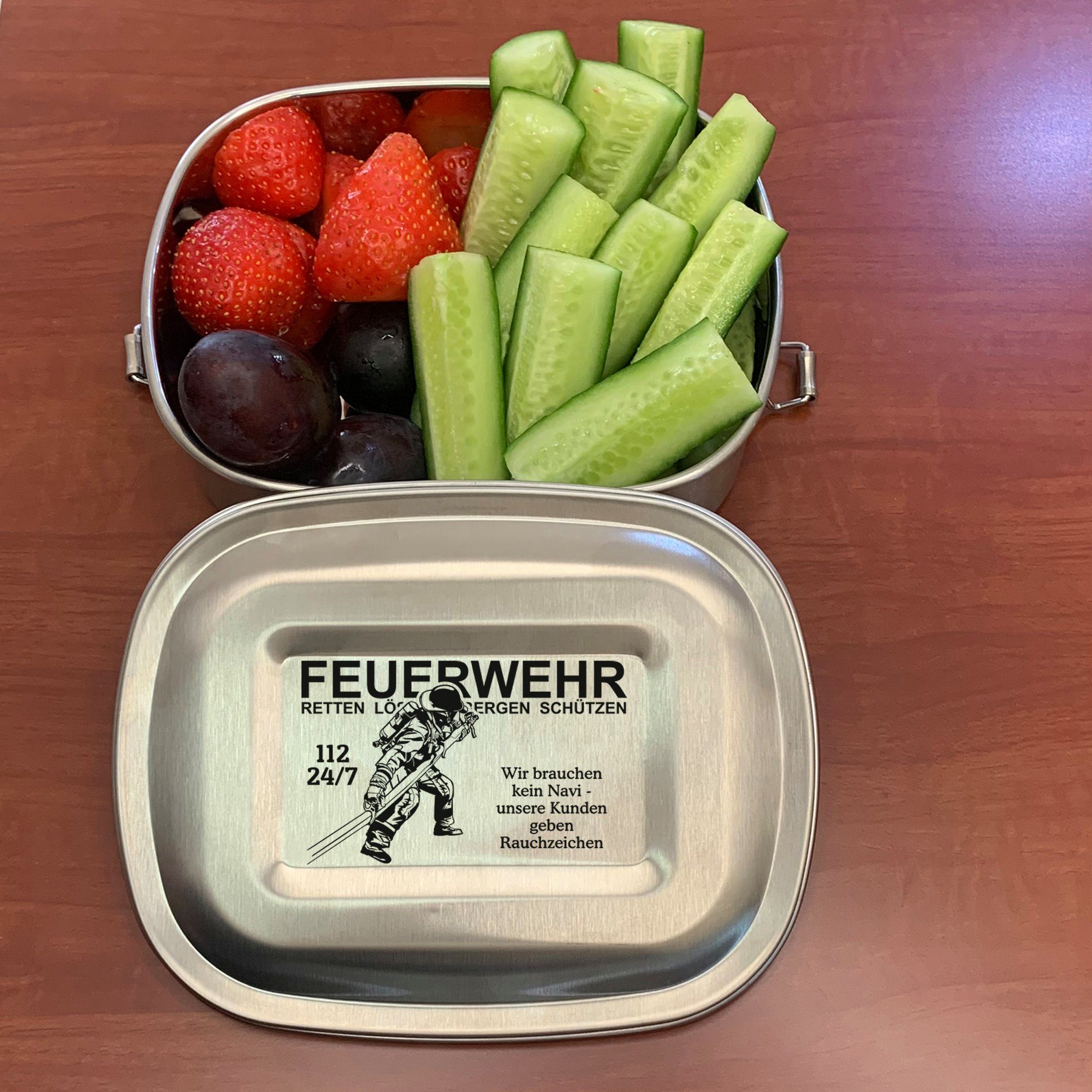 elbedruck Lunchbox Edelstahl Brotdose Lunchbox mit Gravur Feuerwehrmann mit Schlauch verschiedene Motive und Größen zur Auswahl auch als Set erhältlich Freiwillige Feuerwehr, kleine Dose (ca. 700 ml), Edelstahl, handgefertigtes Produkt