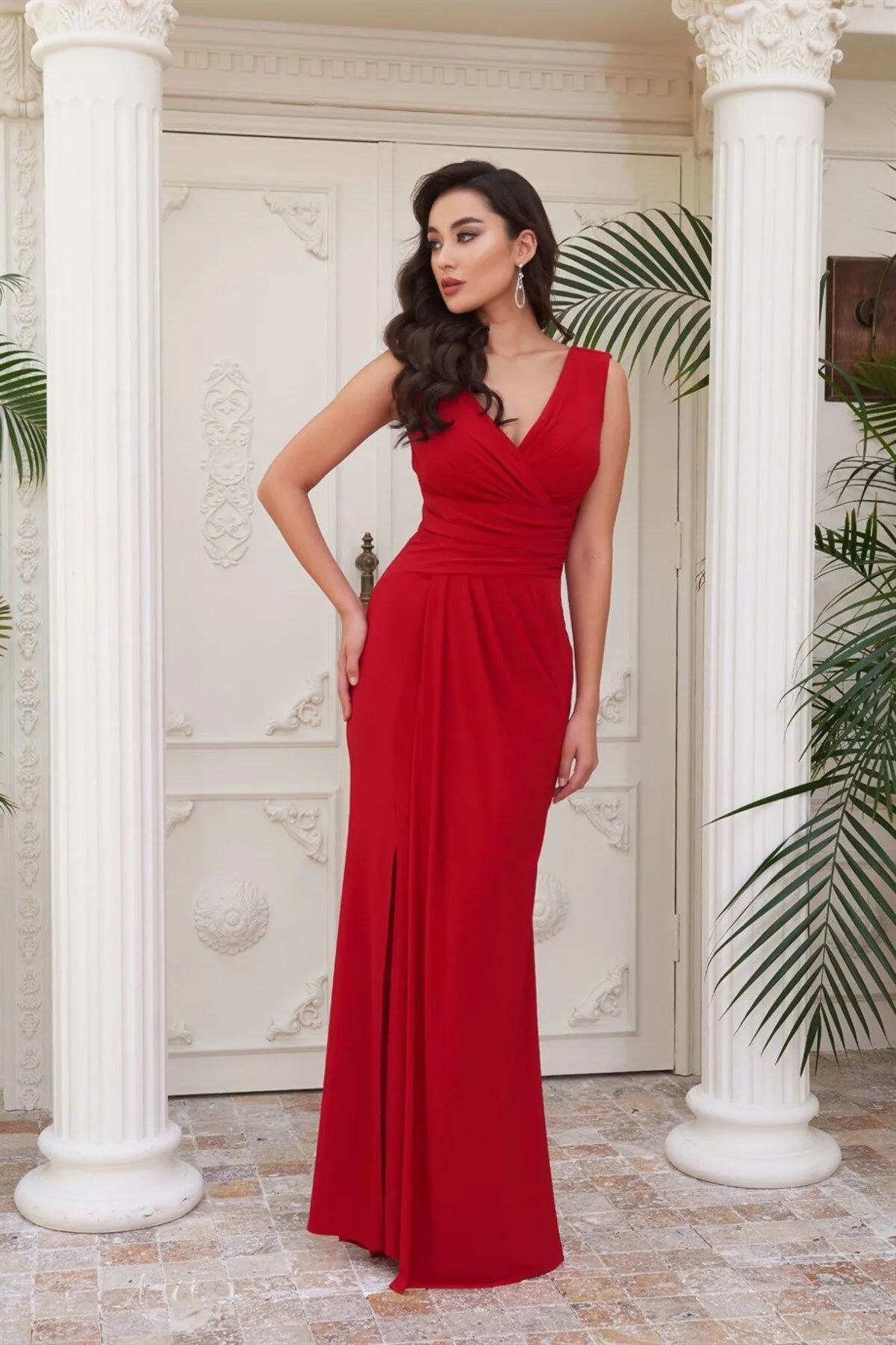 Carmen  Langes Abendkleid mit Sandy-Schlitz in Rot