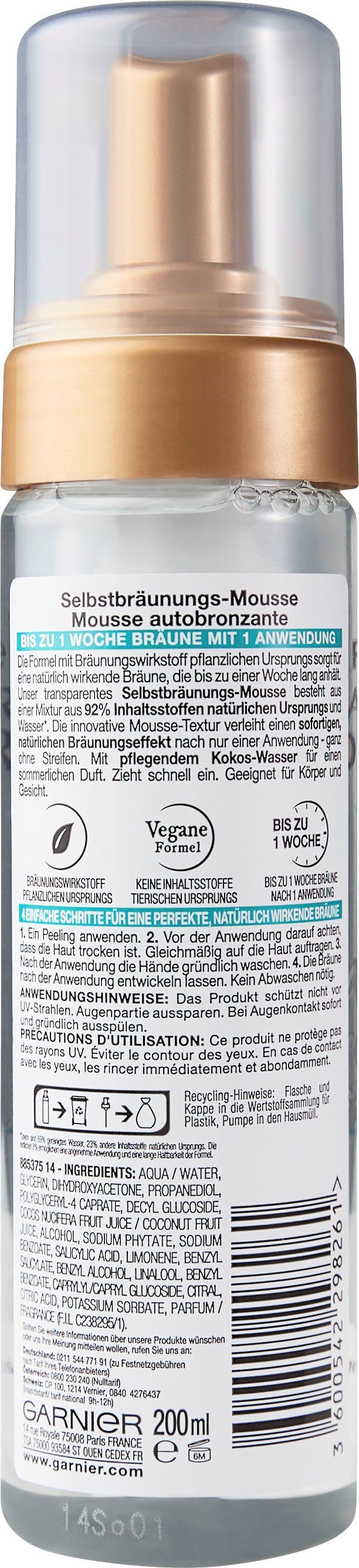 GARNIER Selbstbräunungsmousse Ambre Solaire Natural Bronzer, mit pflegendem Kokoswasser