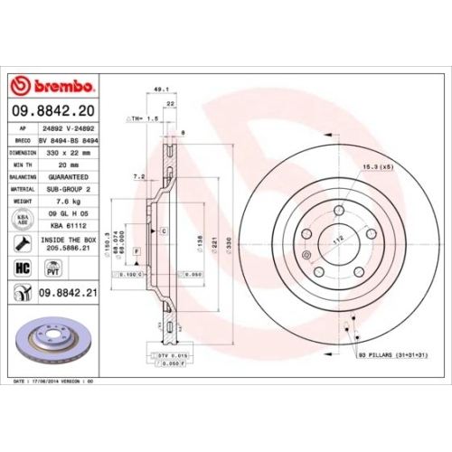 09.8842.21 BREMSSCHEIBE BREMBO HA  VP1 - ATU