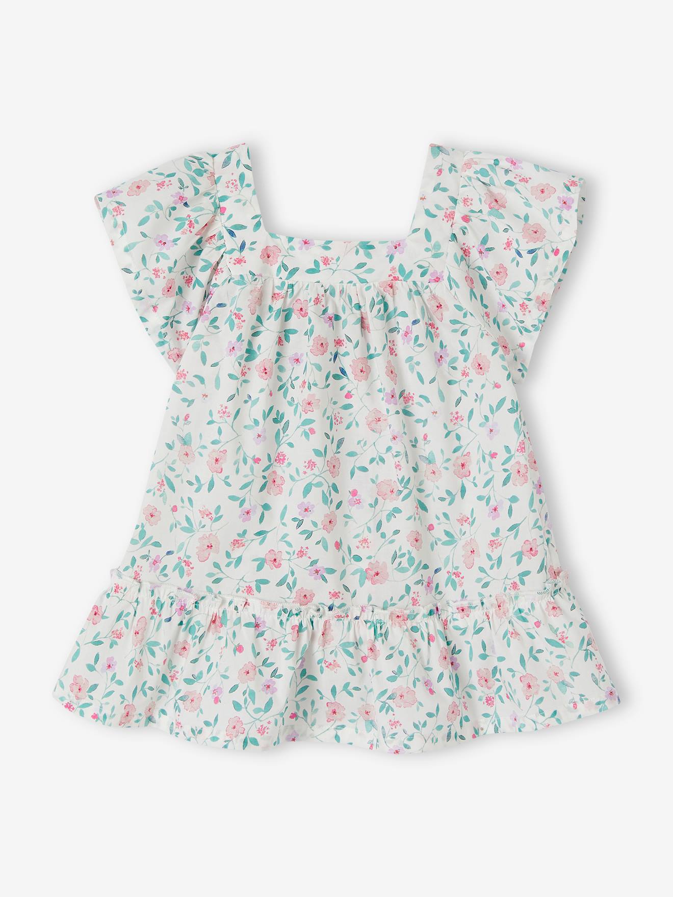 Vertbaudet Geblümtes Baby Kleid mit Schmetterlingsärmeln - wollweiß