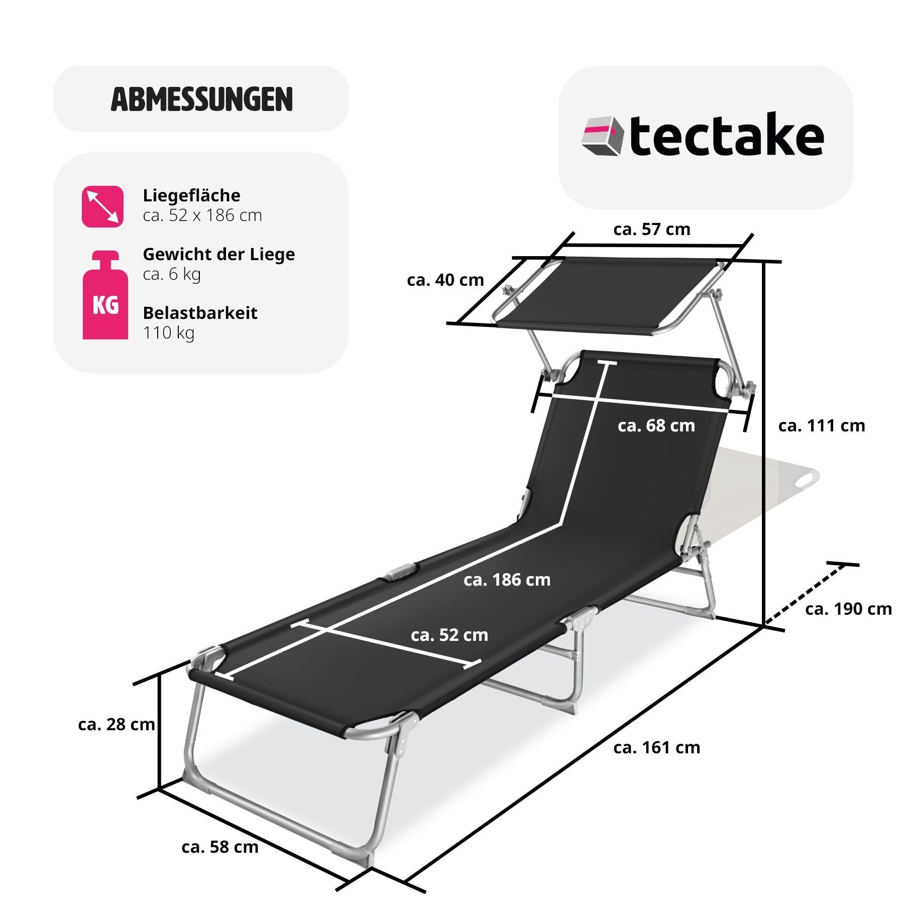 tectake Gartenliege Gartenliege 4-stufig, 1, 1 St., 1tlg., Zurückklappbar